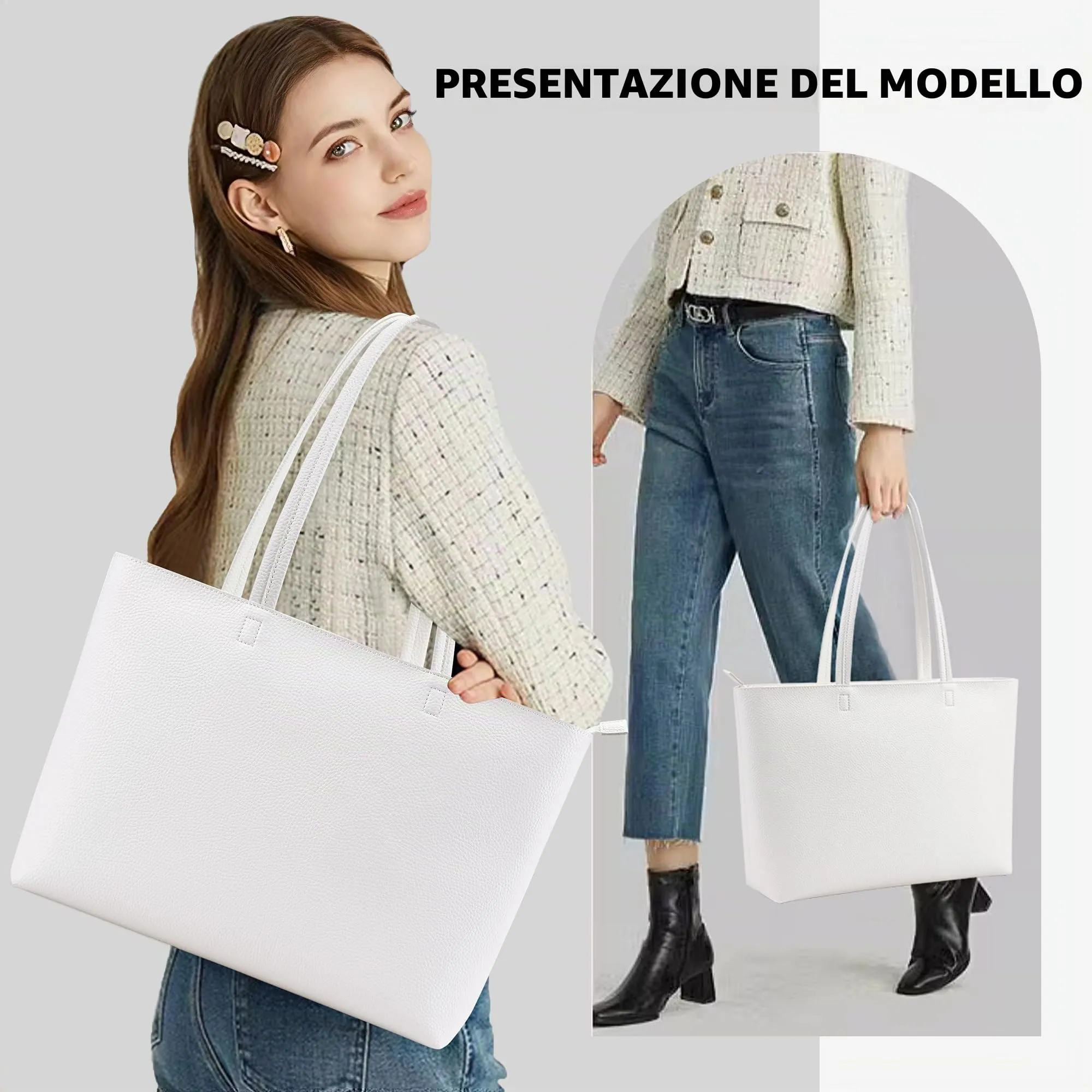 KALIDI, Borsa larga da donna, con cerniera, impermeabile, in poliuretano, per lavoro, scuola, viaggi, uso quotidiano, bianco-2, Large - immagine 6