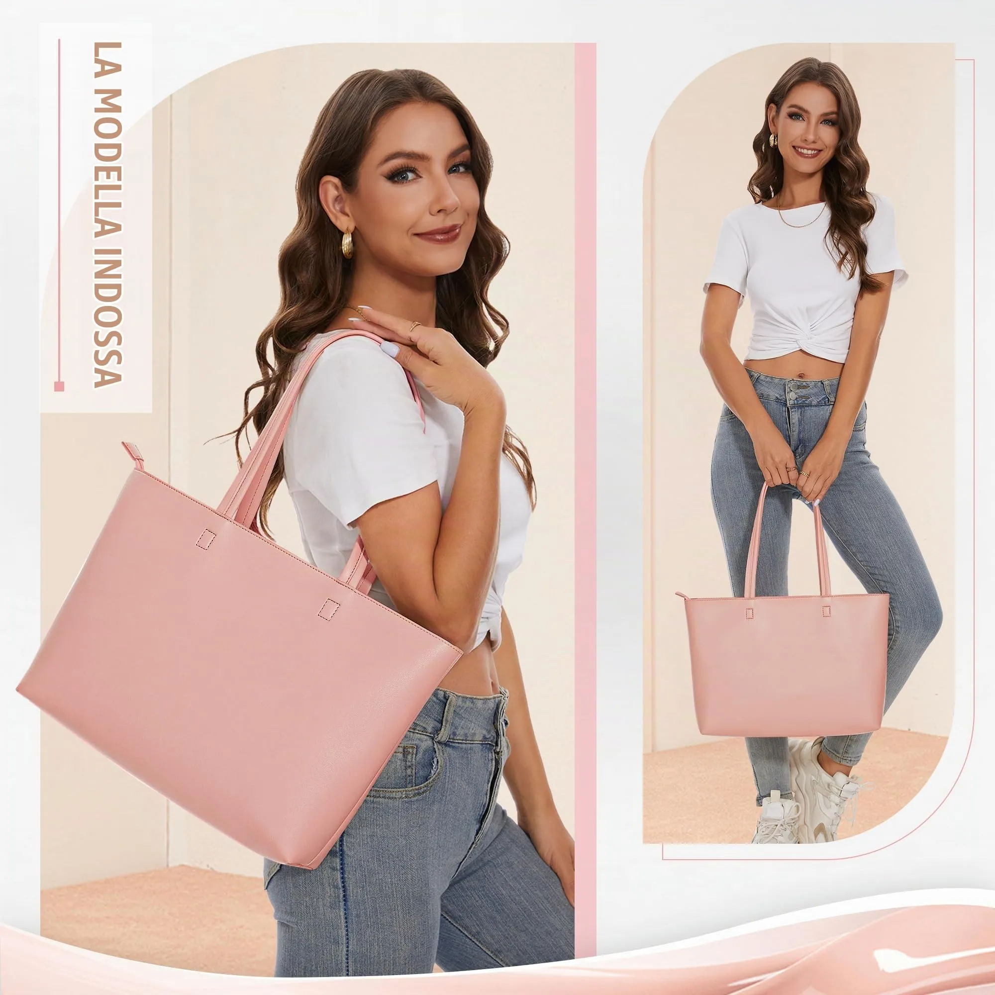 KALIDI, Borsa larga da donna, con cerniera, impermeabile, in poliuretano, per lavoro, scuola, viaggi, uso quotidiano, rosa, Large - immagine 2
