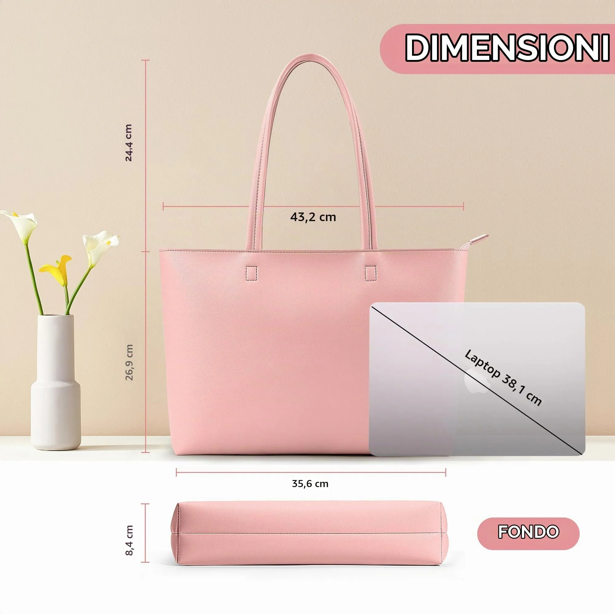 KALIDI, Borsa larga da donna, con cerniera, impermeabile, in poliuretano, per lavoro, scuola, viaggi, uso quotidiano, rosa, Large - immagine 3