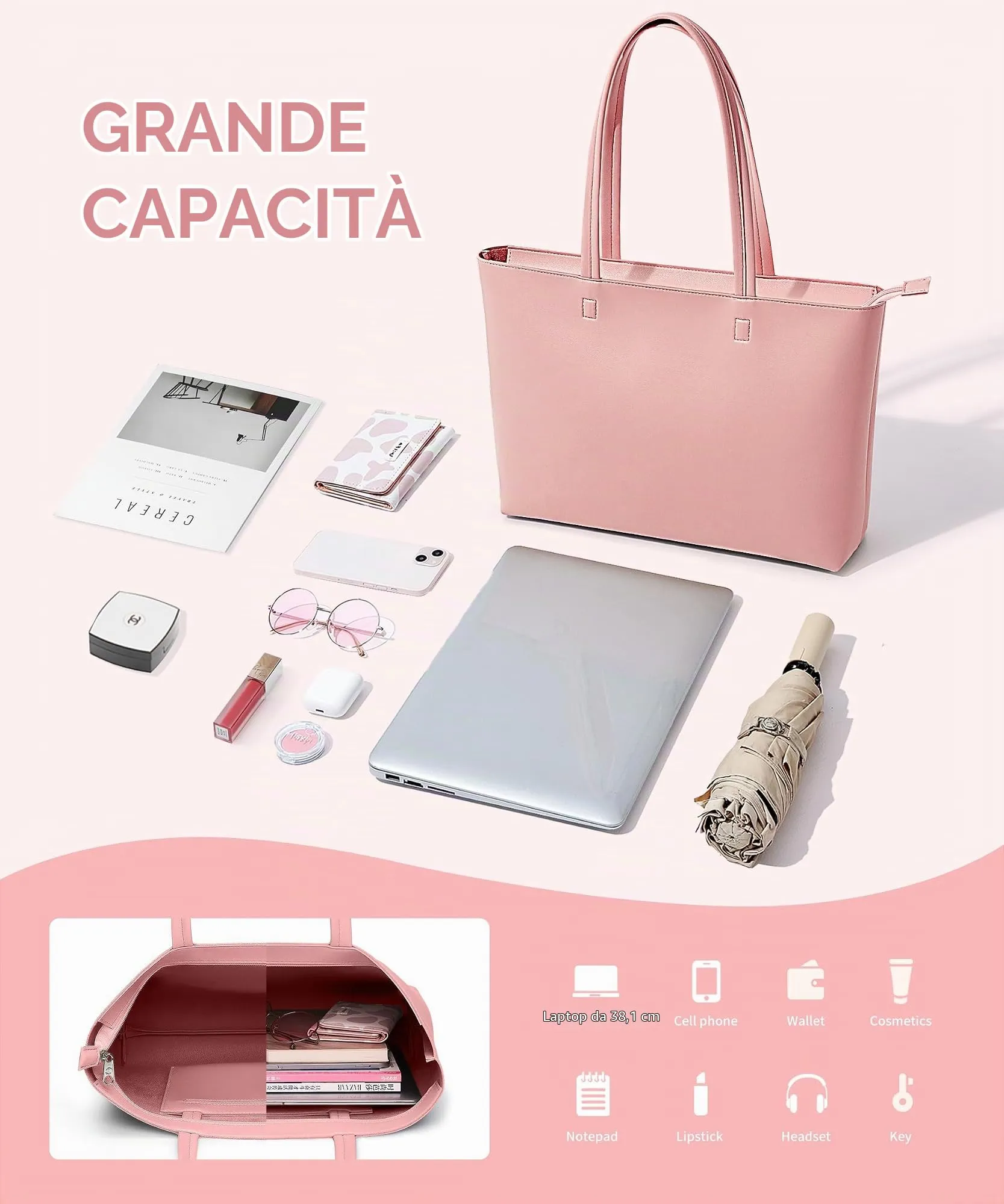 KALIDI, Borsa larga da donna, con cerniera, impermeabile, in poliuretano, per lavoro, scuola, viaggi, uso quotidiano, rosa, Large - immagine 4