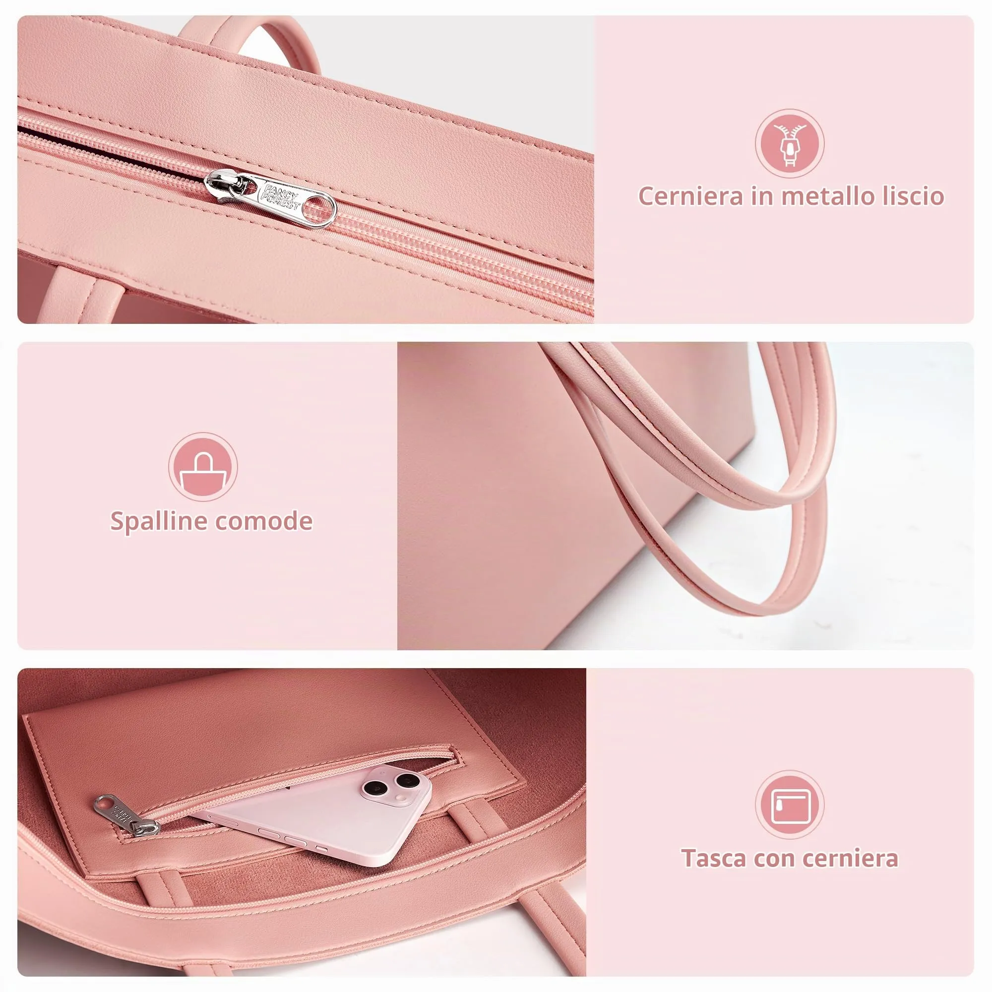 KALIDI, Borsa larga da donna, con cerniera, impermeabile, in poliuretano, per lavoro, scuola, viaggi, uso quotidiano, rosa, Large - immagine 5