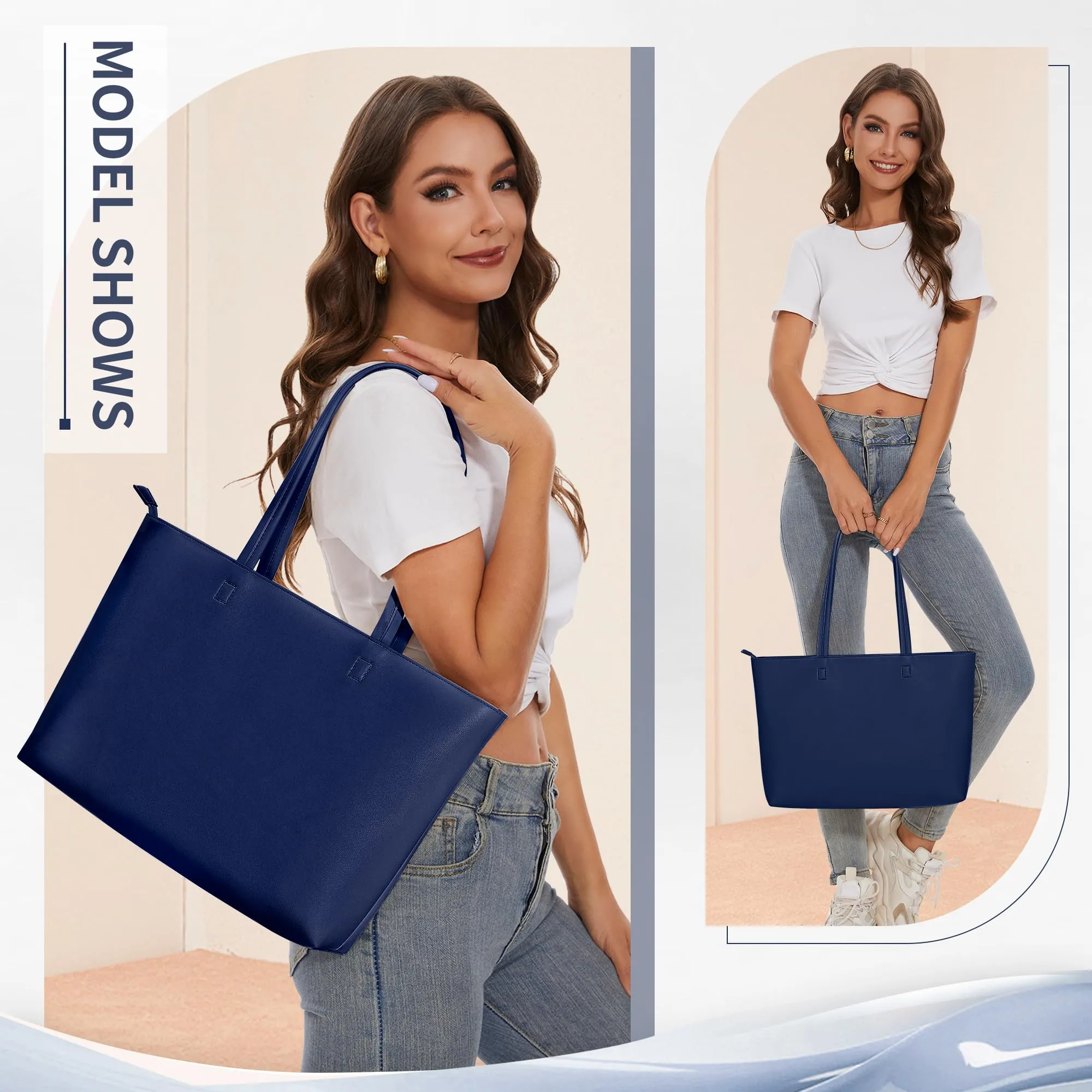 KALIDI, Borsa larga da donna, con cerniera, impermeabile, in poliuretano, per lavoro, scuola, viaggi, uso quotidiano, Blu scuro - immagine 2
