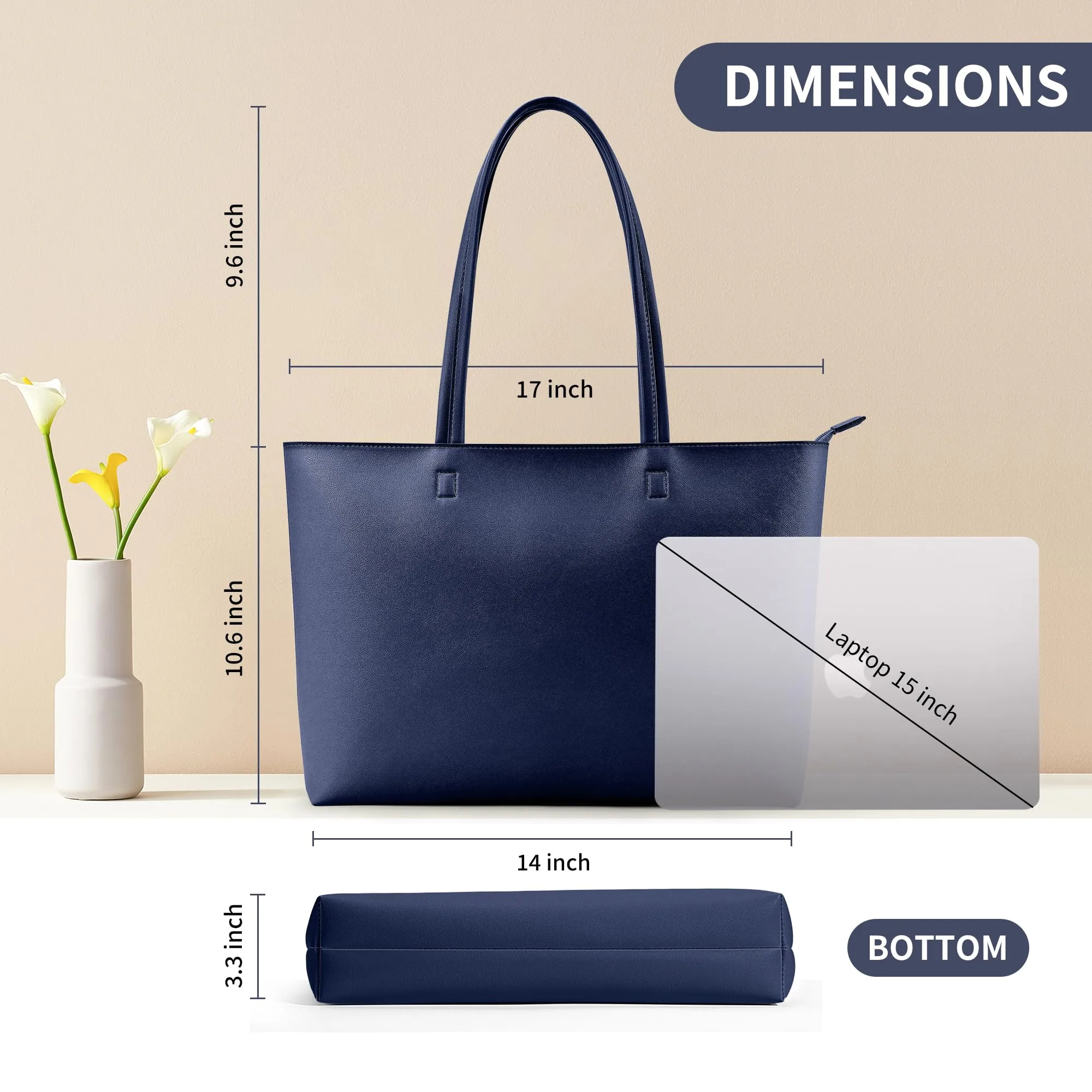 KALIDI, Borsa larga da donna, con cerniera, impermeabile, in poliuretano, per lavoro, scuola, viaggi, uso quotidiano, Blu scuro - immagine 3