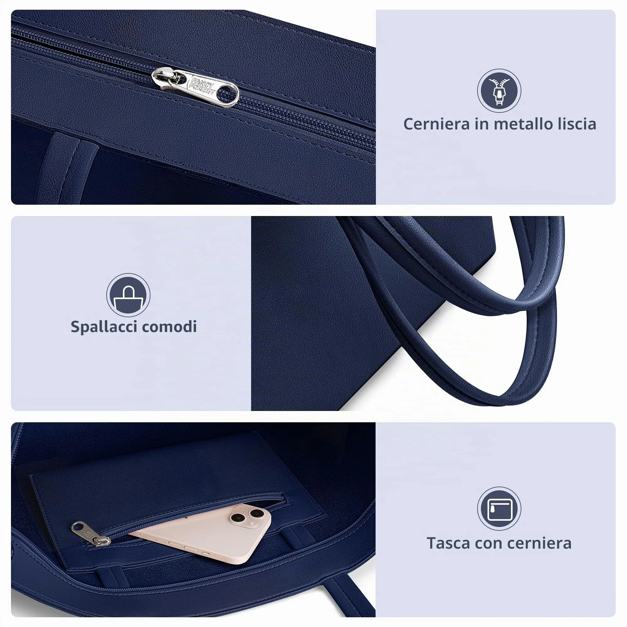 KALIDI, Borsa larga da donna, con cerniera, impermeabile, in poliuretano, per lavoro, scuola, viaggi, uso quotidiano, Blu scuro - immagine 5