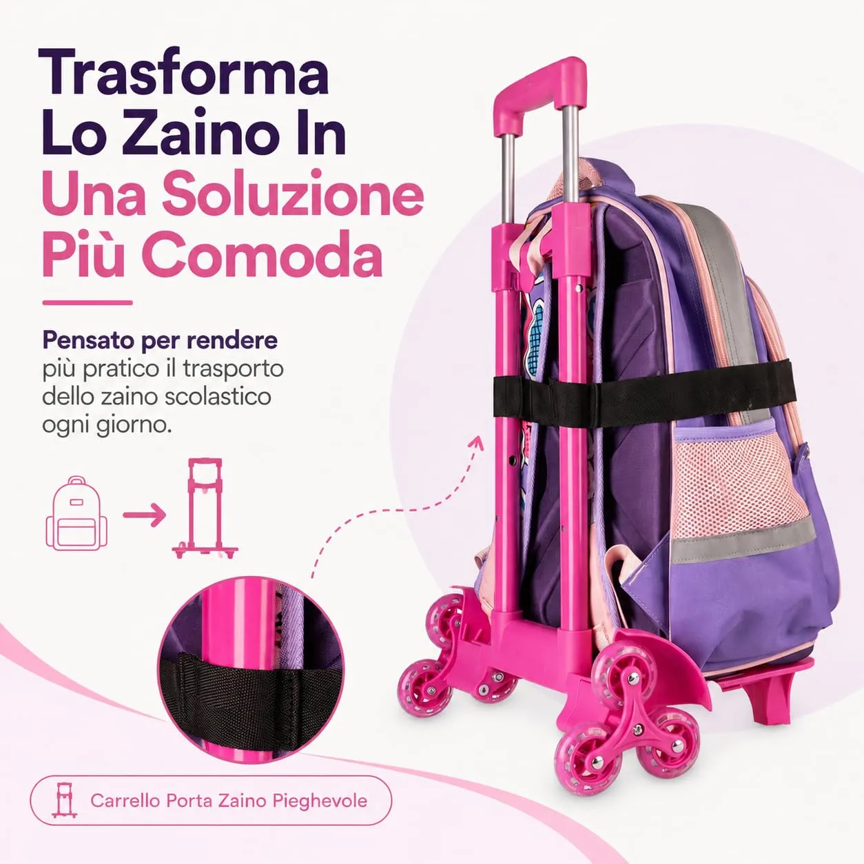 Colourbook Trolley Carrello Porta Zaino Scuola Pieghevole Universale Rosa - immagine 2