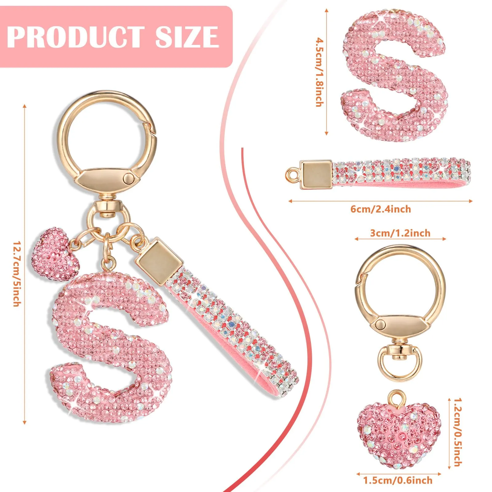 MWOOT Rosa Auto Portachiavi Regalo per Donne Ragazze Iniziale Lettera Portachiavi Carino Bling Portachiavi Bling Lettera Ciondolo per Borsa Zaino Borsetta Ciondoli, Lettera S - immagine 2
