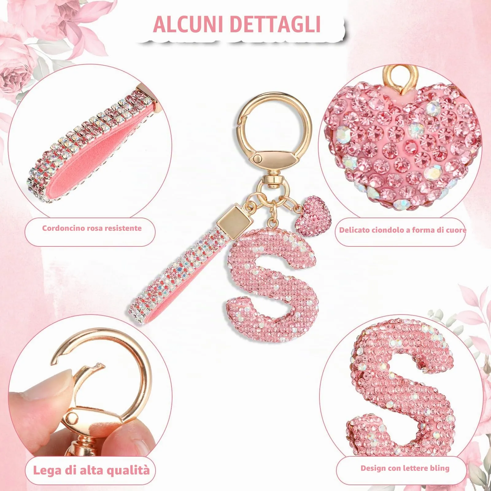 MWOOT Rosa Auto Portachiavi Regalo per Donne Ragazze Iniziale Lettera Portachiavi Carino Bling Portachiavi Bling Lettera Ciondolo per Borsa Zaino Borsetta Ciondoli, Lettera S - immagine 3