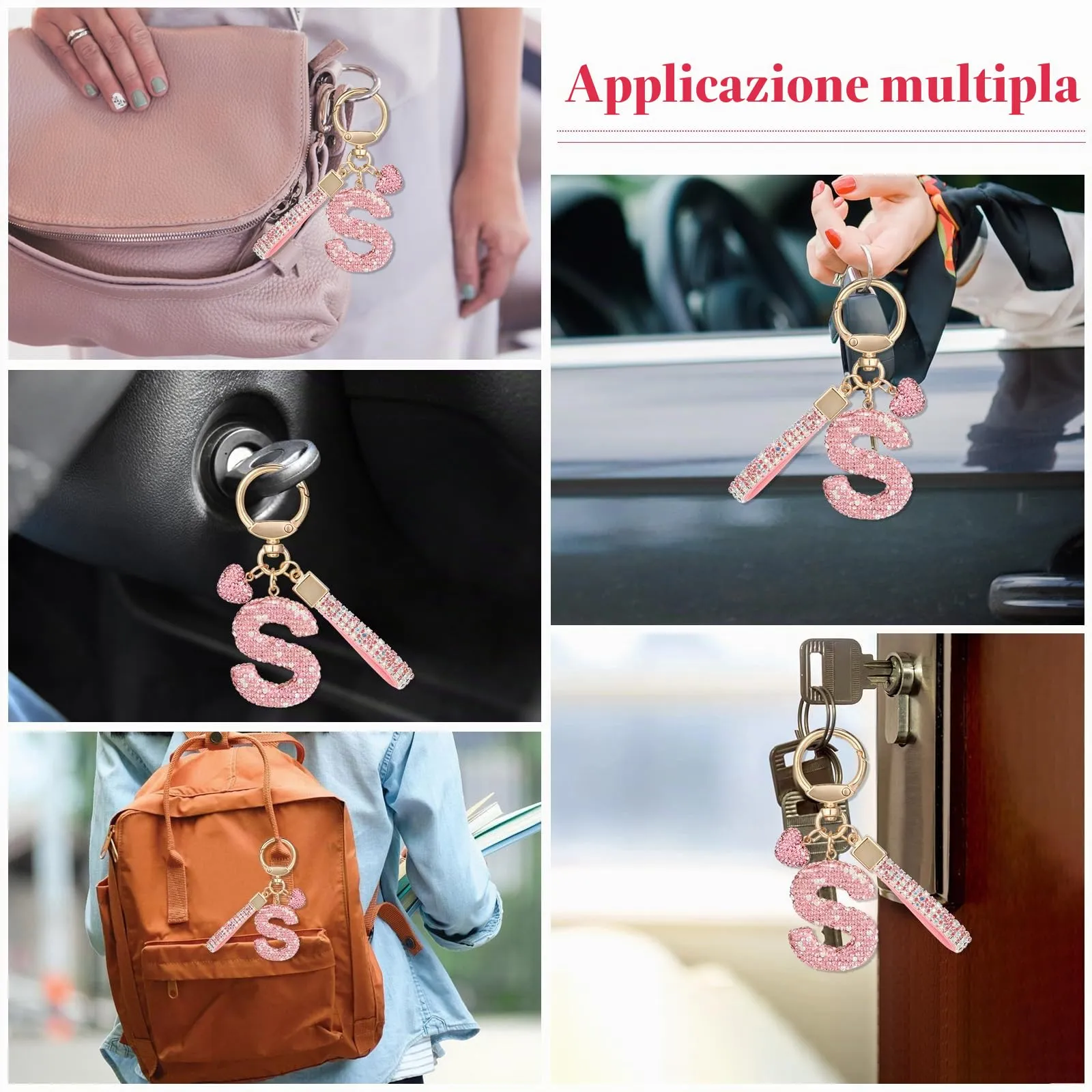 MWOOT Rosa Auto Portachiavi Regalo per Donne Ragazze Iniziale Lettera Portachiavi Carino Bling Portachiavi Bling Lettera Ciondolo per Borsa Zaino Borsetta Ciondoli, Lettera S - immagine 7