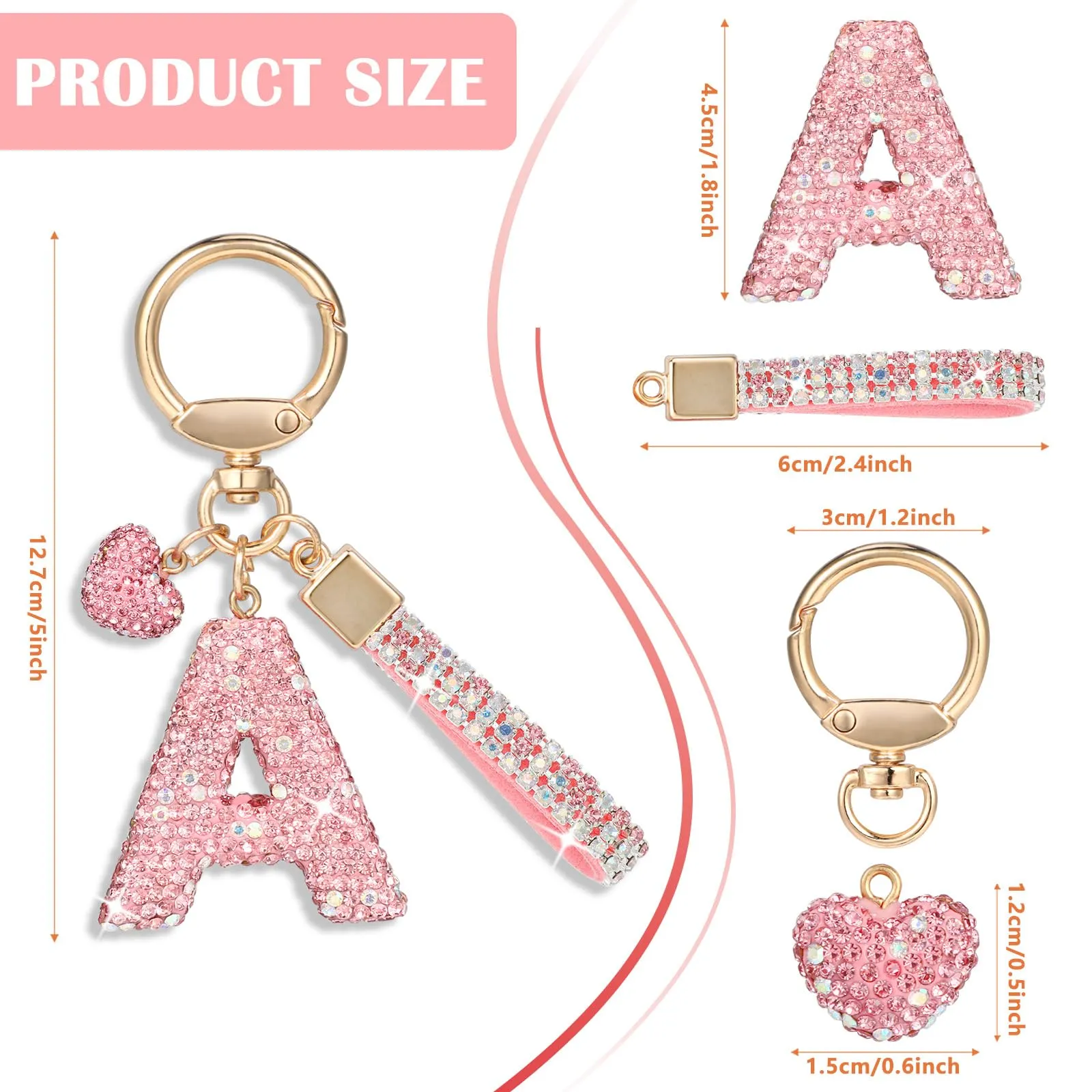 MWOOT Rosa Auto Portachiavi Regalo per Donne Ragazze Iniziale Lettera Portachiavi Carino Bling Ciondolo per Borsa Zaino Borsetta Ciondoli,A - immagine 2