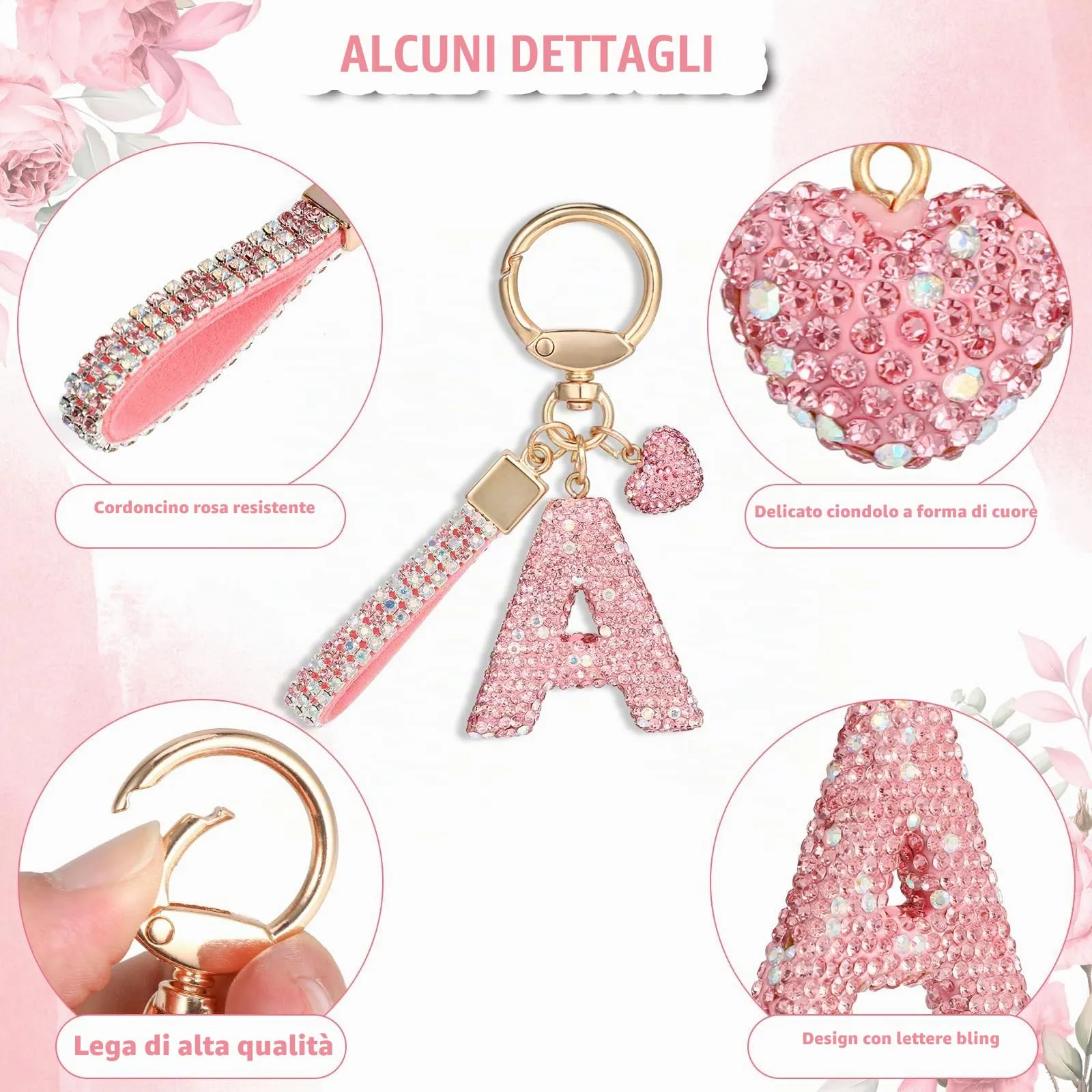 MWOOT Rosa Auto Portachiavi Regalo per Donne Ragazze Iniziale Lettera Portachiavi Carino Bling Ciondolo per Borsa Zaino Borsetta Ciondoli,A - immagine 3