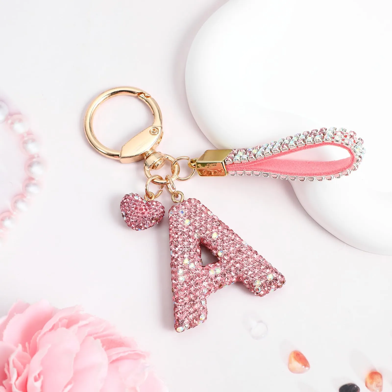 MWOOT Rosa Auto Portachiavi Regalo per Donne Ragazze Iniziale Lettera Portachiavi Carino Bling Ciondolo per Borsa Zaino Borsetta Ciondoli,A - immagine 4