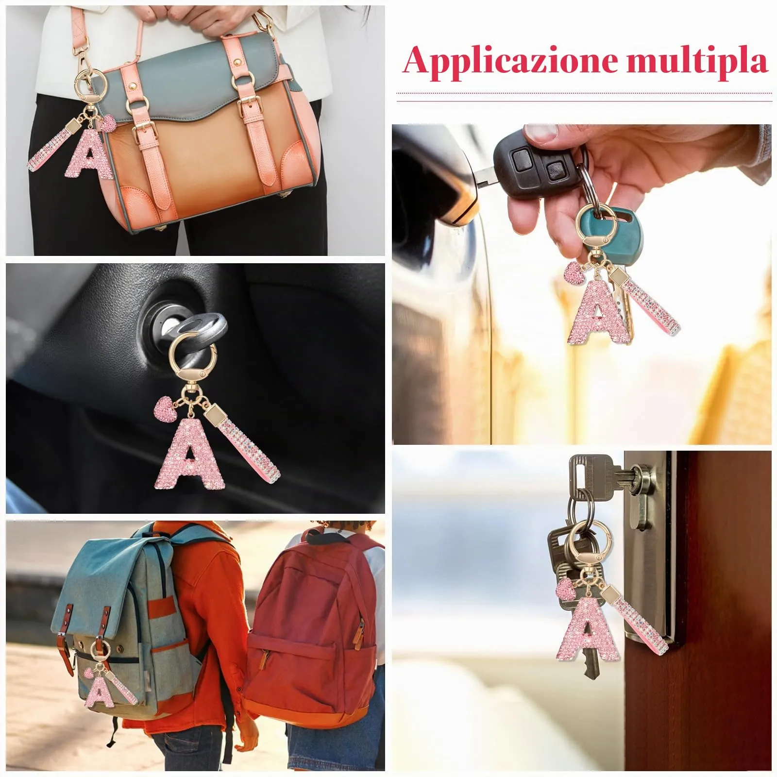 MWOOT Rosa Auto Portachiavi Regalo per Donne Ragazze Iniziale Lettera Portachiavi Carino Bling Ciondolo per Borsa Zaino Borsetta Ciondoli,A - immagine 7