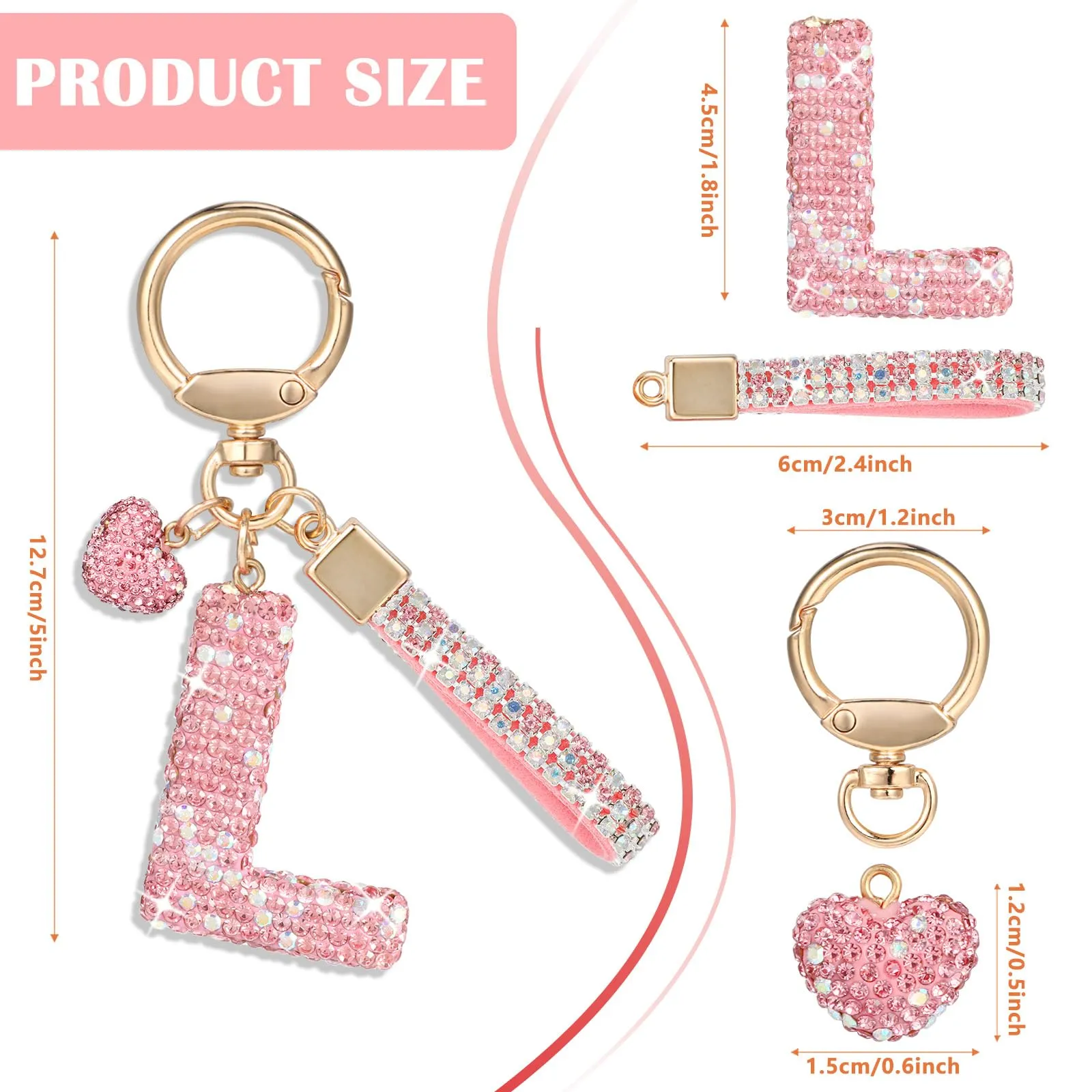 MWOOT Rosa Auto Portachiavi Regalo per Donne Ragazze Iniziale Lettera Portachiavi Carino Bling Ciondolo per Borsa Zaino Borsetta Ciondoli, L - immagine 2
