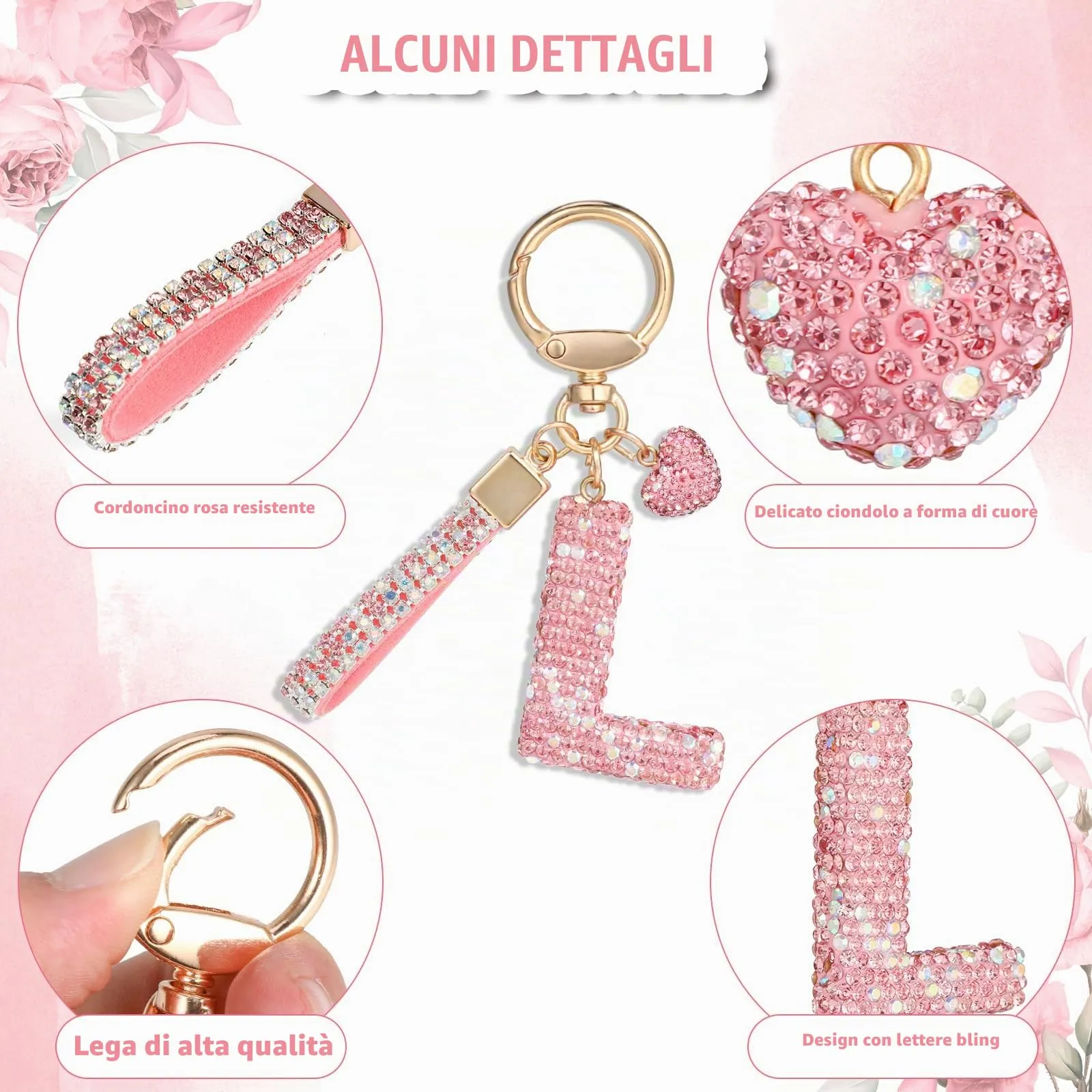 MWOOT Rosa Auto Portachiavi Regalo per Donne Ragazze Iniziale Lettera Portachiavi Carino Bling Ciondolo per Borsa Zaino Borsetta Ciondoli, L - immagine 3