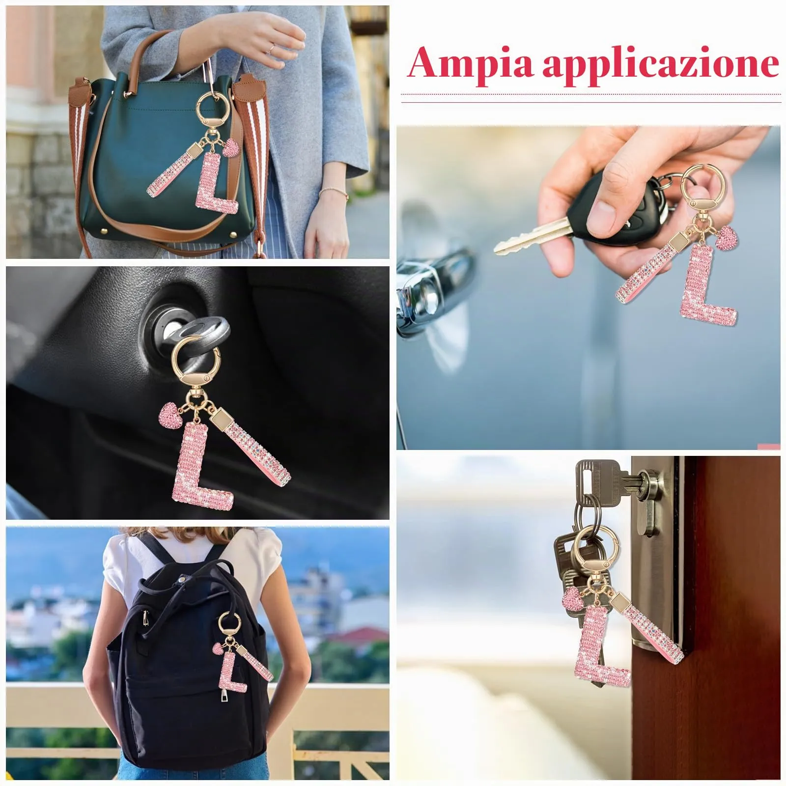 MWOOT Rosa Auto Portachiavi Regalo per Donne Ragazze Iniziale Lettera Portachiavi Carino Bling Ciondolo per Borsa Zaino Borsetta Ciondoli, L - immagine 7