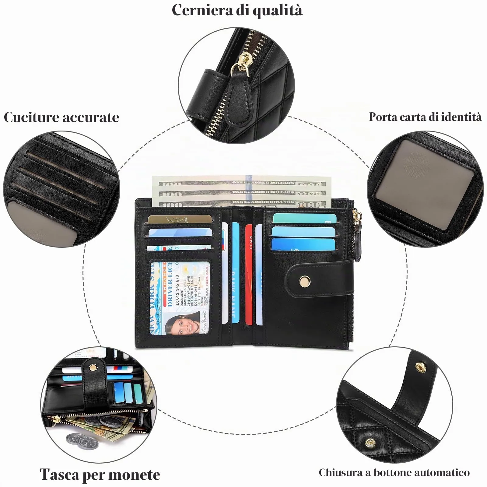 SENDEFN Portafoglio Donna Piccolo, Portafoglio Donna in Pelle Vegana con Blocco RFID, Portamonete con Cerniera e Chiusura a Scatto Scomparti per Carte Multipli - immagine 3