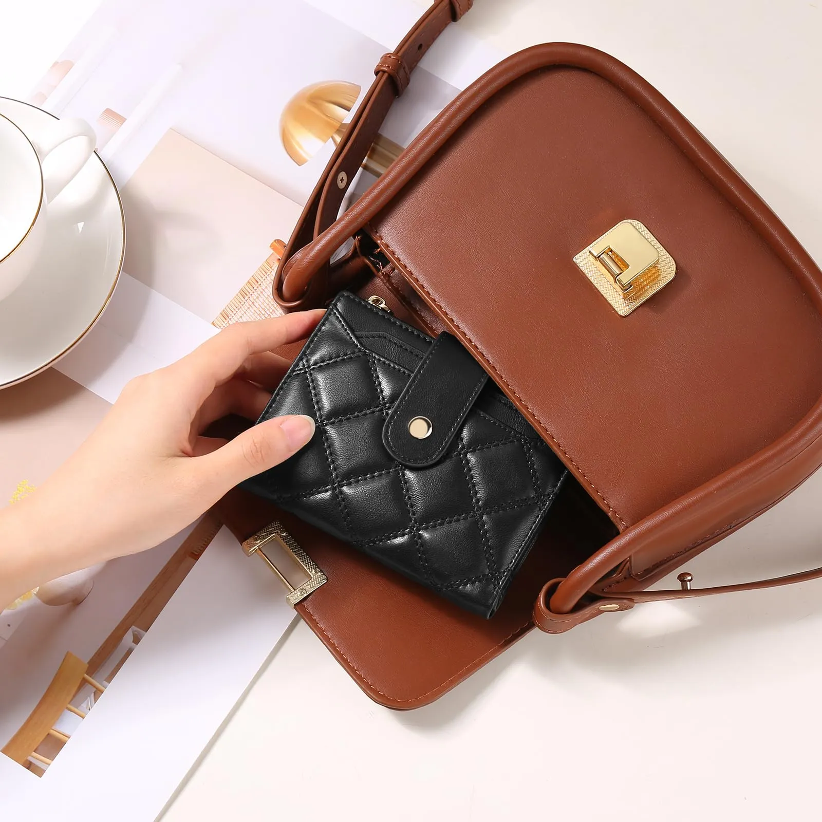 SENDEFN Portafoglio Donna Piccolo, Portafoglio Donna in Pelle Vegana con Blocco RFID, Portamonete con Cerniera e Chiusura a Scatto Scomparti per Carte Multipli - immagine 6