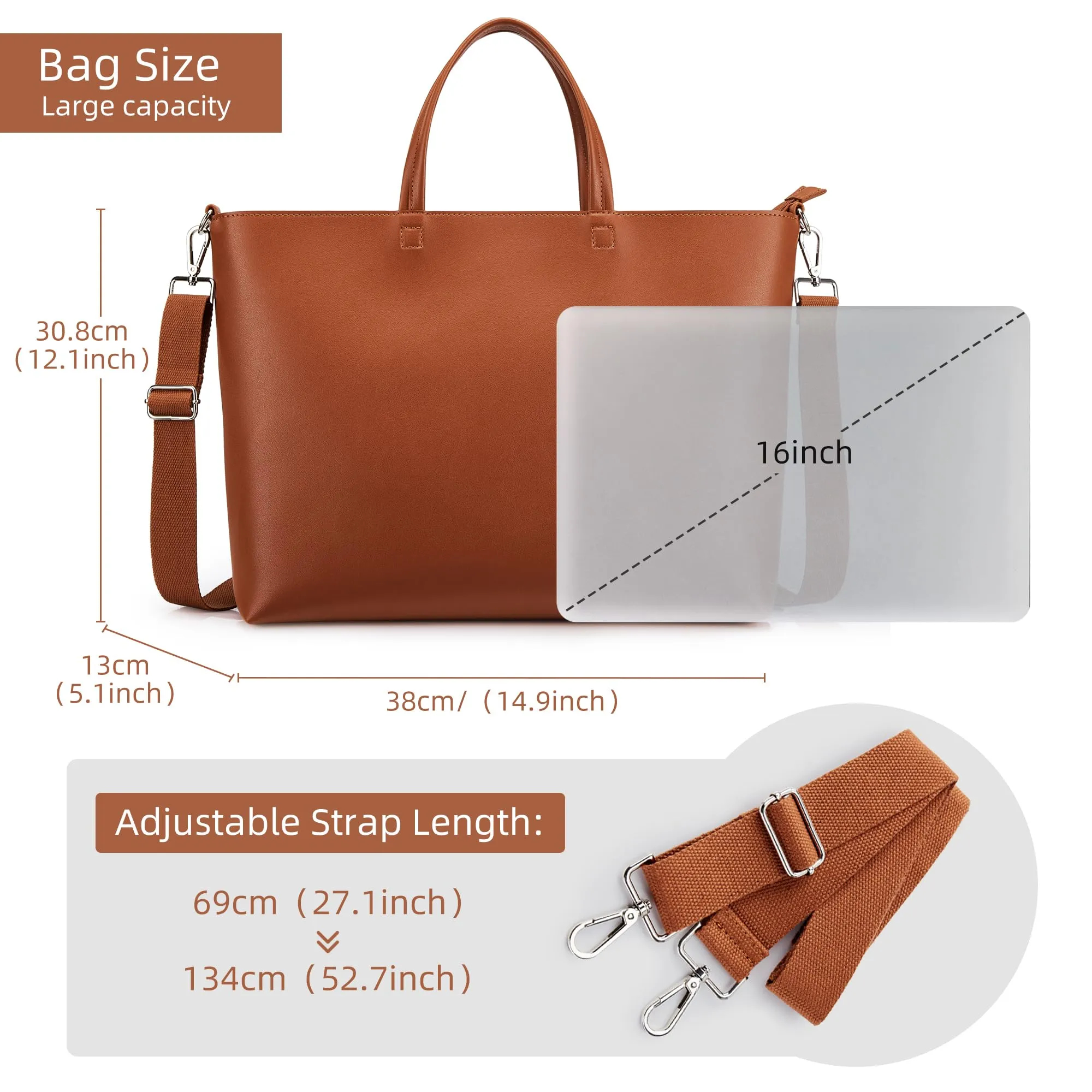 KALIDI Tote Bag Borse da donna Grande borsa a tracolla con cerniera Impermeabile PU Borse da donna Borsa da donna per lavoro Scuola Viaggi Uso quotidiano, Crossbody-marrone - immagine 3