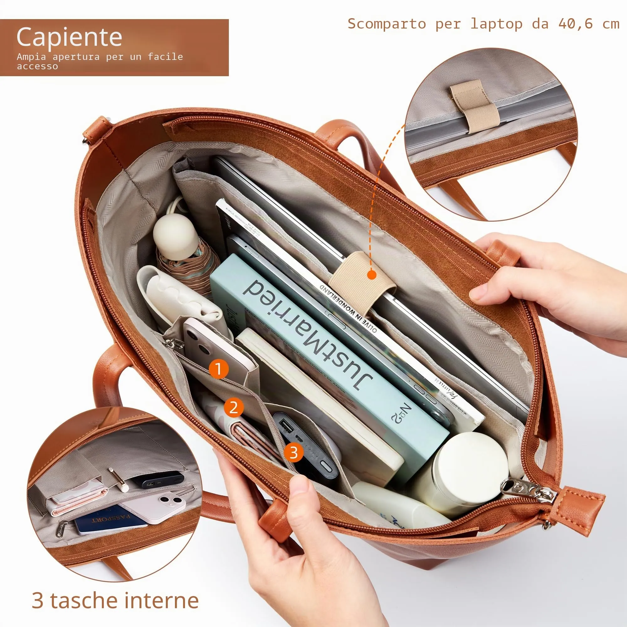 KALIDI Tote Bag Borse da donna Grande borsa a tracolla con cerniera Impermeabile PU Borse da donna Borsa da donna per lavoro Scuola Viaggi Uso quotidiano, Crossbody-marrone - immagine 4
