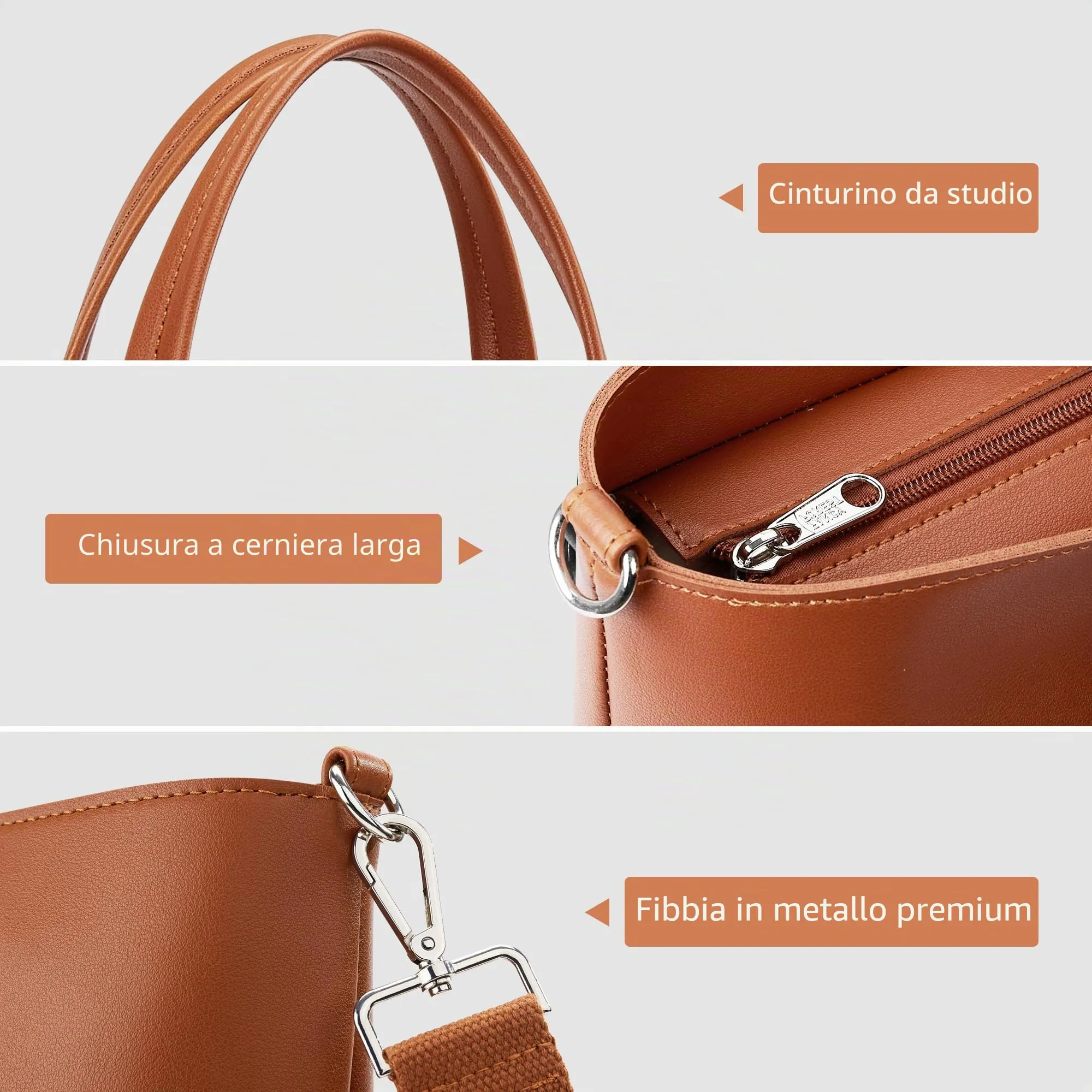 KALIDI Tote Bag Borse da donna Grande borsa a tracolla con cerniera Impermeabile PU Borse da donna Borsa da donna per lavoro Scuola Viaggi Uso quotidiano, Crossbody-marrone - immagine 5