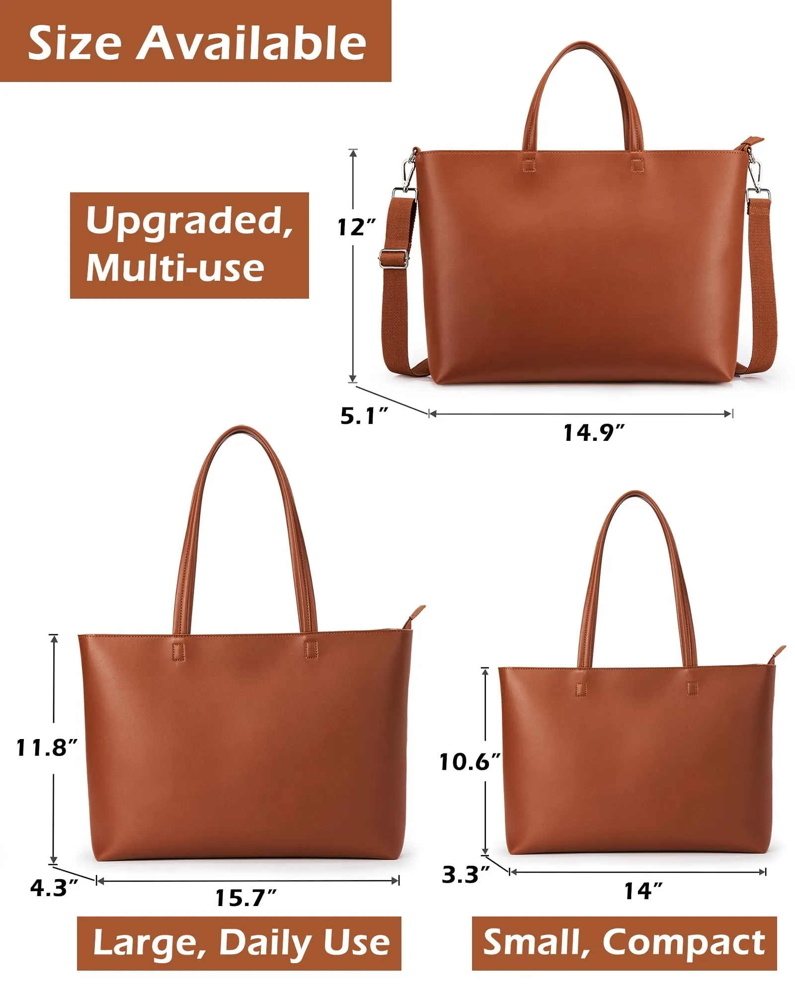 KALIDI Tote Bag Borse da donna Grande borsa a tracolla con cerniera Impermeabile PU Borse da donna Borsa da donna per lavoro Scuola Viaggi Uso quotidiano, Crossbody-marrone - immagine 6