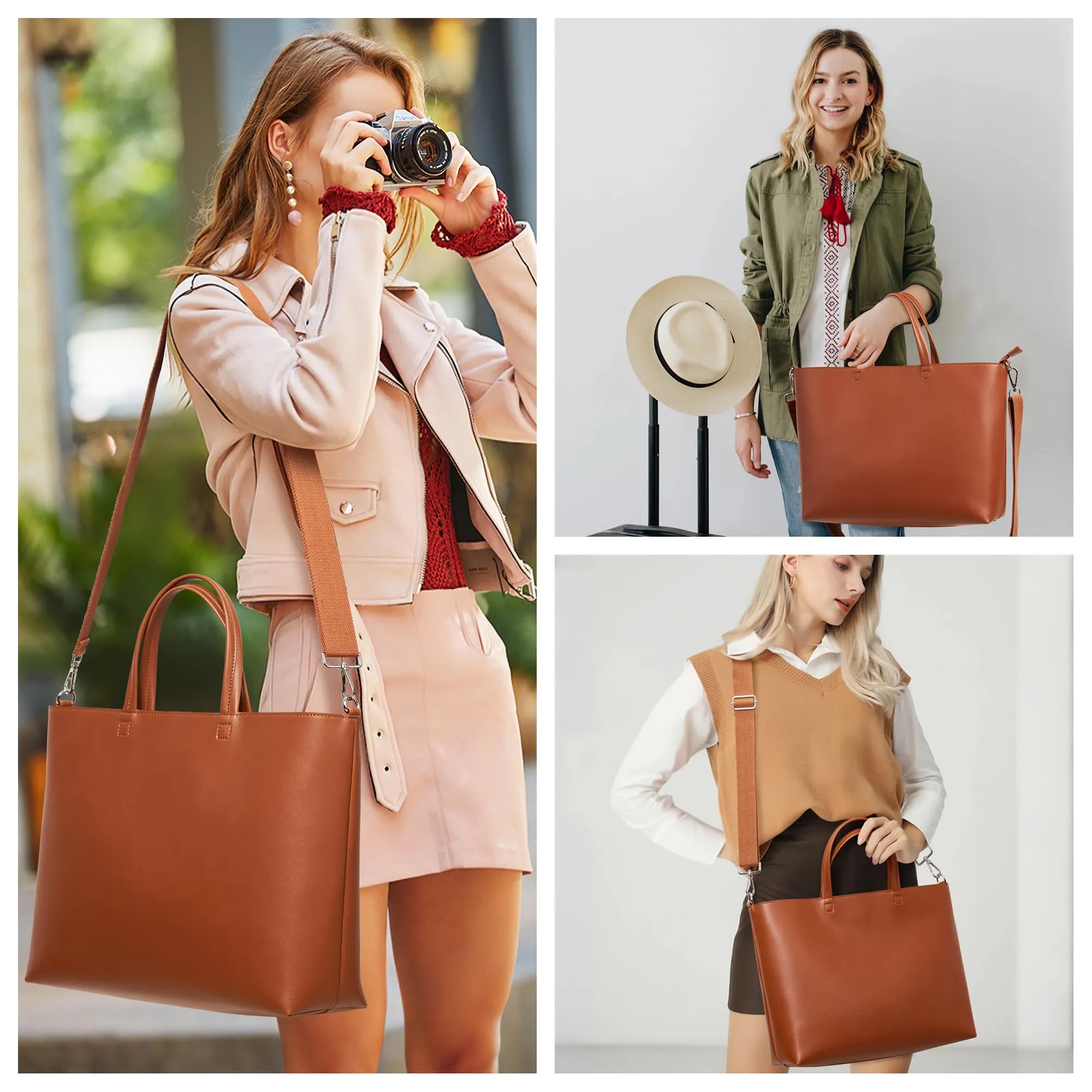 KALIDI Tote Bag Borse da donna Grande borsa a tracolla con cerniera Impermeabile PU Borse da donna Borsa da donna per lavoro Scuola Viaggi Uso quotidiano, Crossbody-marrone - immagine 7
