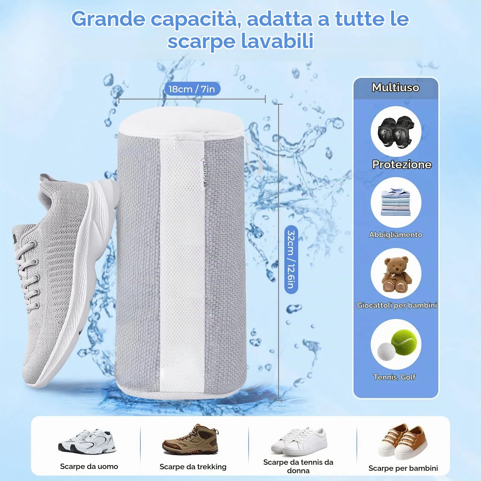 Teletrogy 2 Pezzi Sacchetti per Scarpe Lavanderia Sacchetto Scarpe con Cerniera Nascosta, Pulizia a 360° Tutto Campo, Riutilizzabile e Anti-Deformazione per Sacchetto Scarpe Lavatrice, Grigio - immagine 7
