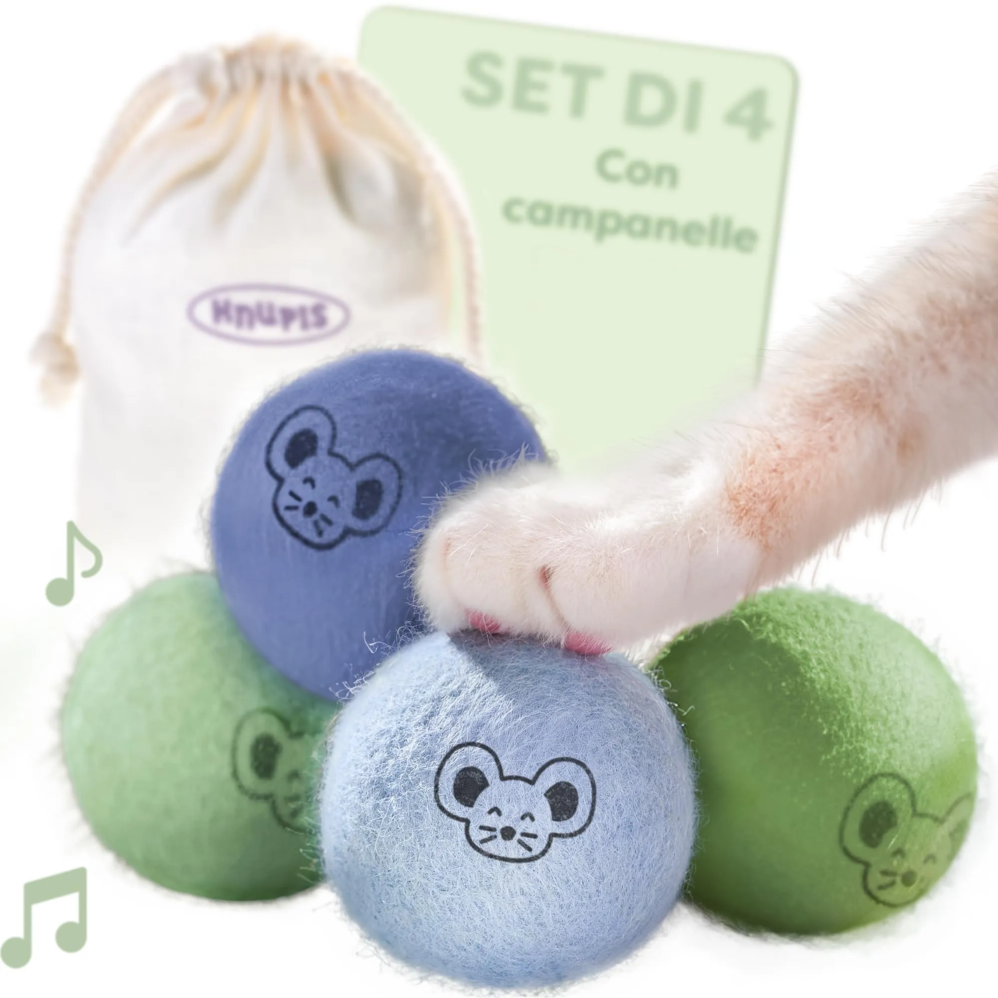 Knupis Giocattoli Palline di Feltro Per Gatti con Campanelli - 4 Palline di Lana - Robusto e resistente ai morsi Con Colori Vivaci - Incl. Sacchetto Di Conservazione - Giocattolo Gatto - immagine 1