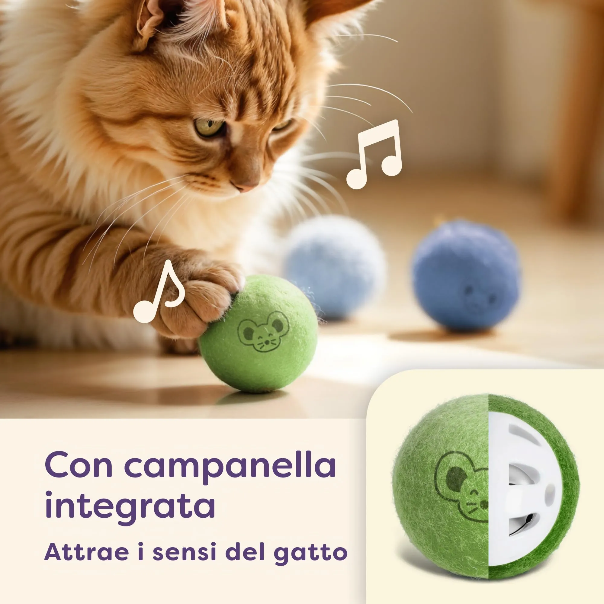 Knupis Giocattoli Palline di Feltro Per Gatti con Campanelli - 4 Palline di Lana - Robusto e resistente ai morsi Con Colori Vivaci - Incl. Sacchetto Di Conservazione - Giocattolo Gatto - immagine 3
