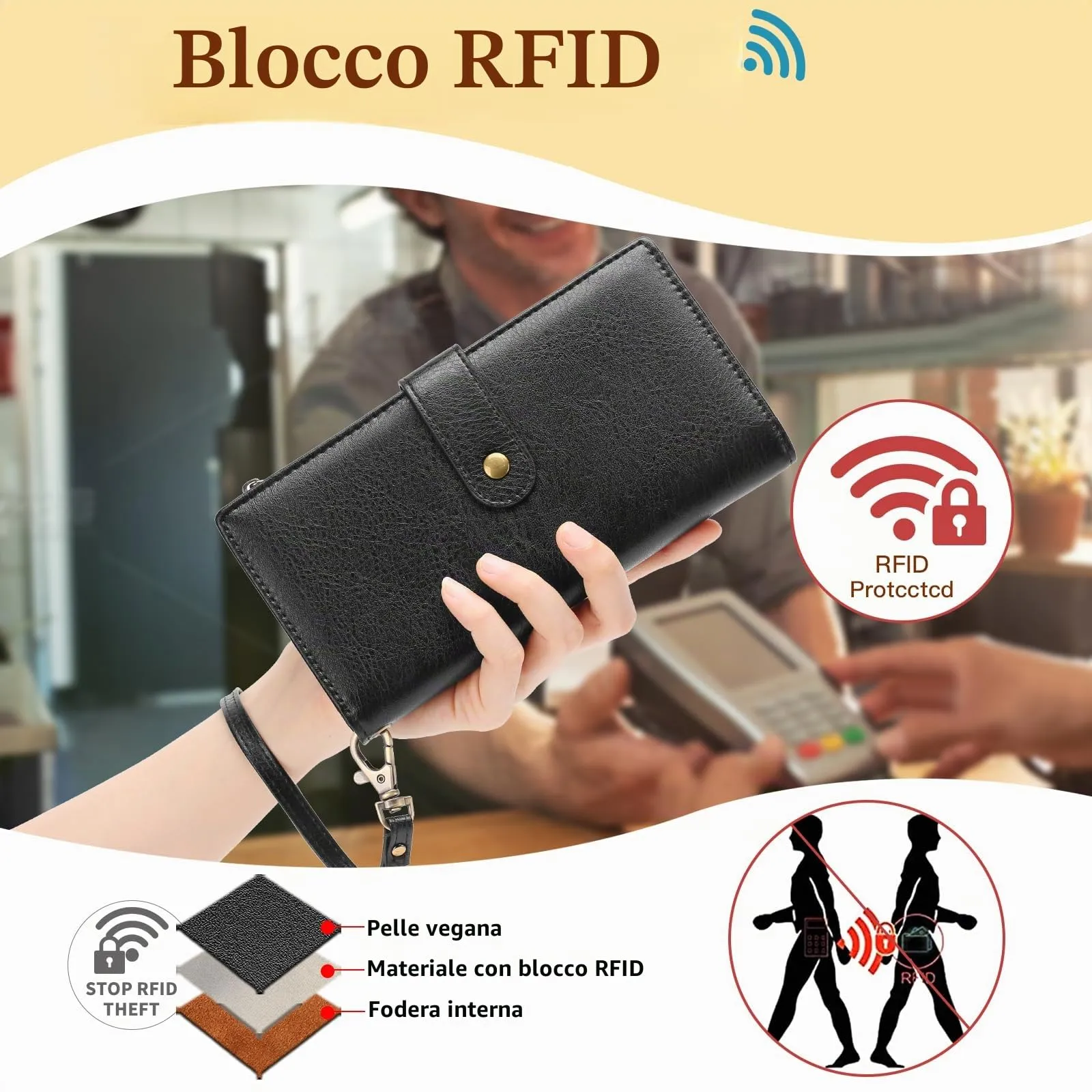 GOIACII Portafoglio Donna in Pelle Blocco RFID Formato Lungo Portafogli Grande Capacità per Carte di Credito con polso - immagine 3