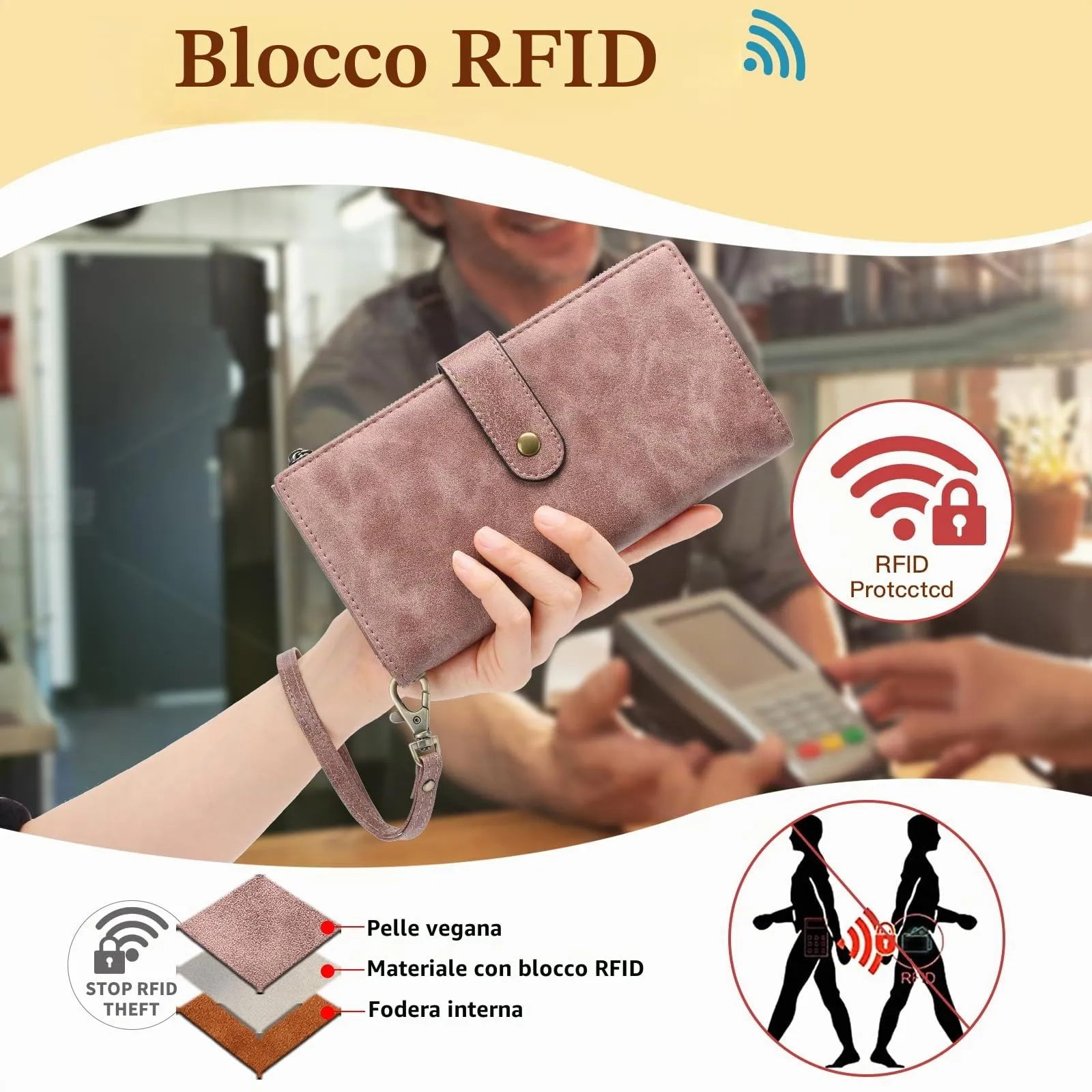 GOIACII Portafoglio Donna in Pelle Blocco RFID Formato Lungo Portafogli Grande Capacità per Carte di Credito con polso - immagine 3