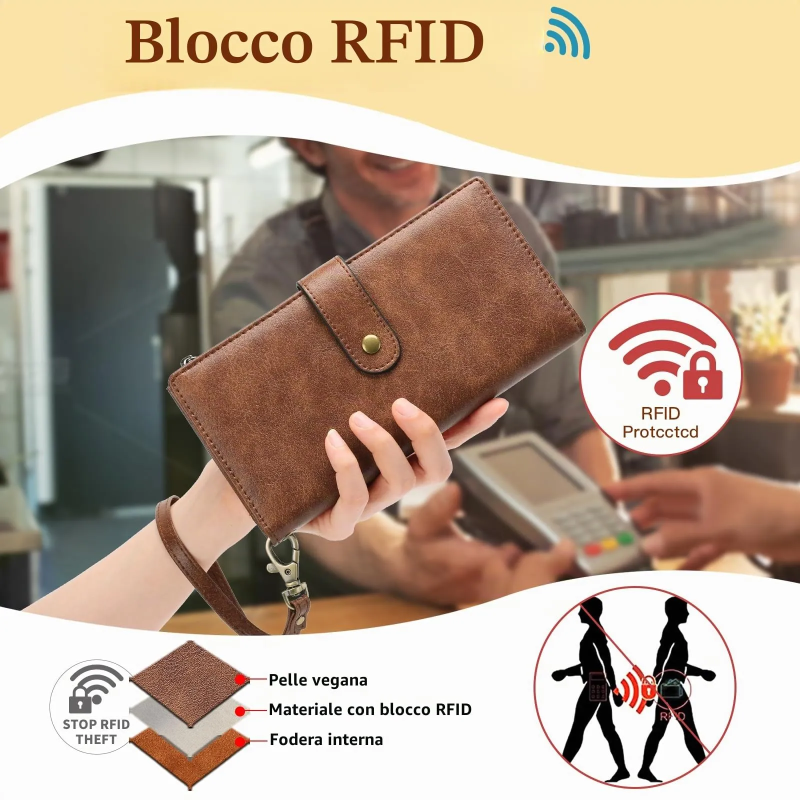 GOIACII Portafoglio Donna in Pelle Blocco RFID Formato Lungo Portafogli Grande Capacità per Carte di Credito con polso - immagine 3