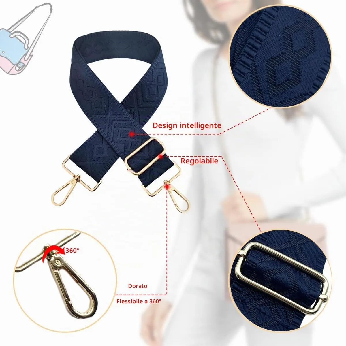 Cinghie Tracolla per Borsa Donna Larga, 5cm Tracolle per Borsa Regolabile con Fibbia Oro per Borsetta, Crossbody in Tela Accessori DIY (Blu Scuro) 10 - immagine 3