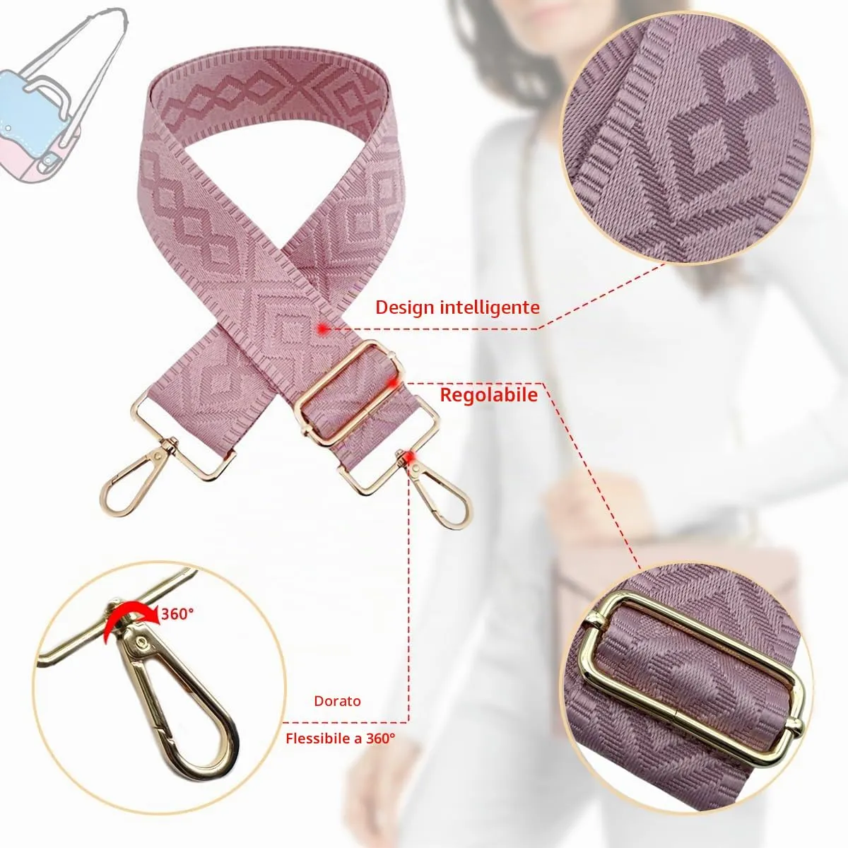 Cinghie Tracolla per Borsa Donna Larga, 5cm Tracolle per Borsa Regolabile con Fibbia Oro per Borsetta, Crossbody in Tela Accessori DIY (Rosa) 4 - immagine 3