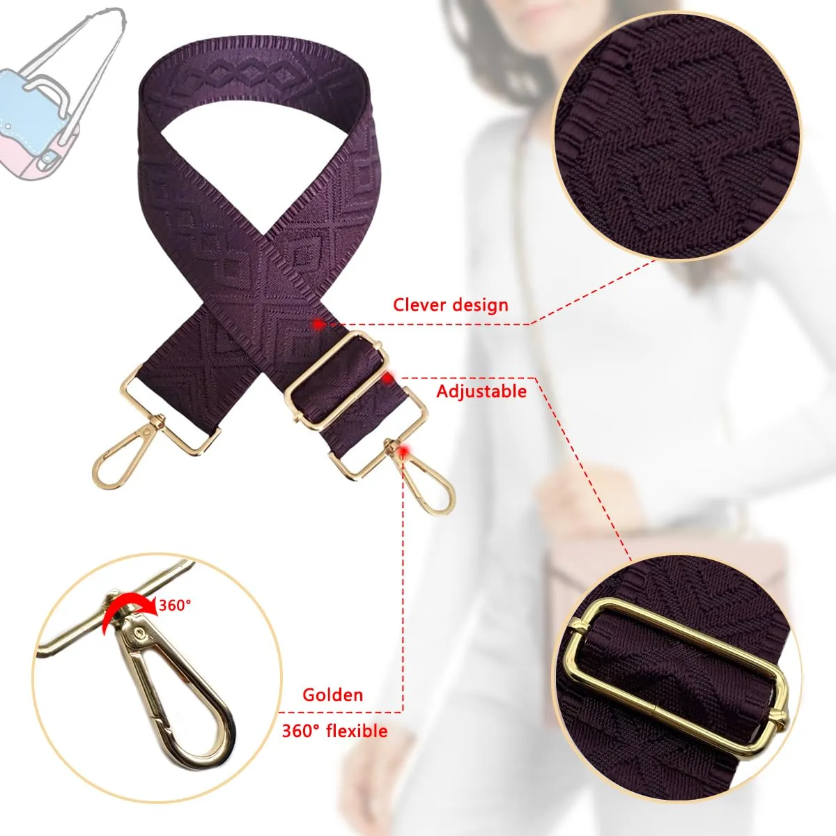 Cinghie Tracolla per Borsa Donna Larga, 5cm Tracolle per Borsa Regolabile con Fibbia Oro per Borsetta, Crossbody in Tela Accessori DIY (Viola Scuro)17 - immagine 3