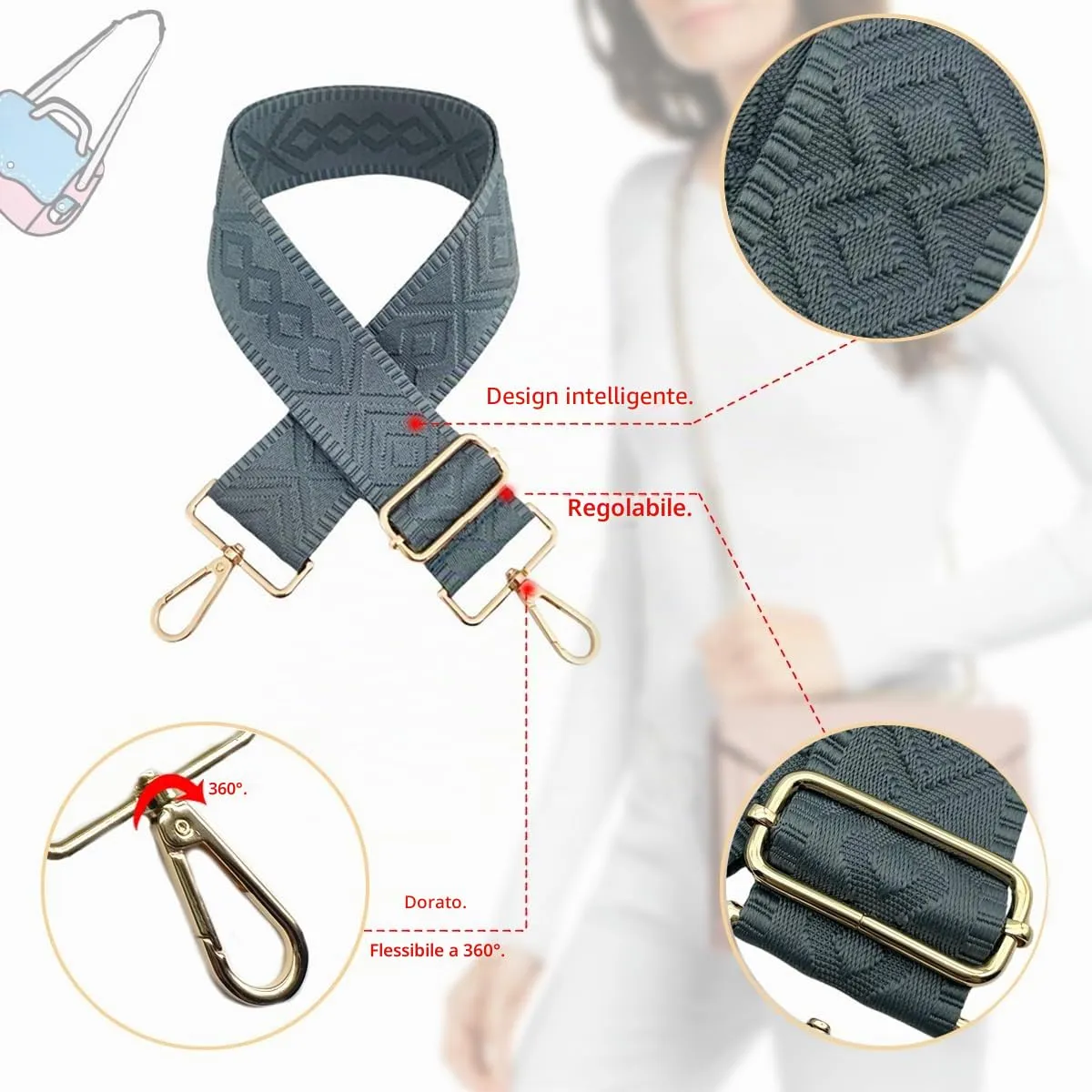 Cinghie Tracolla per Borsa Donna Larga, 5cm Tracolle per Borsa Regolabile con Fibbia Oro per Borsetta, Crossbody in Tela Accessori DIY (Blu) 15 - immagine 3