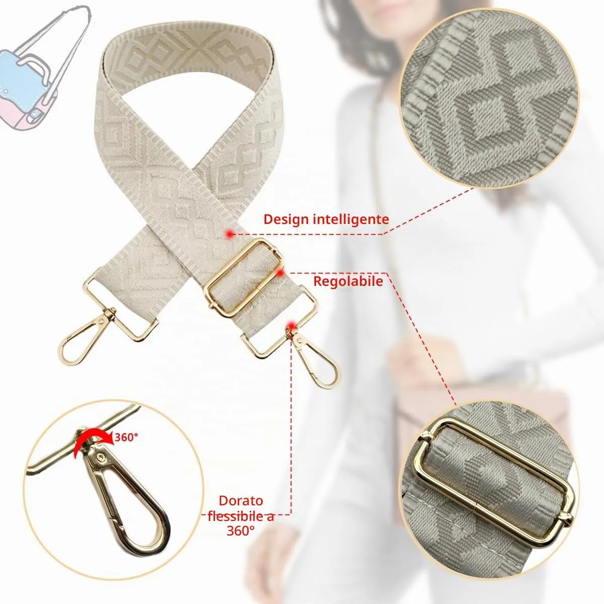 Cinghie Tracolla per Borsa Donna Larga, 5cm Tracolle per Borsa Regolabile con Fibbia Oro per Borsetta, Crossbody in Tela Accessori DIY (Beige) 11 - immagine 3