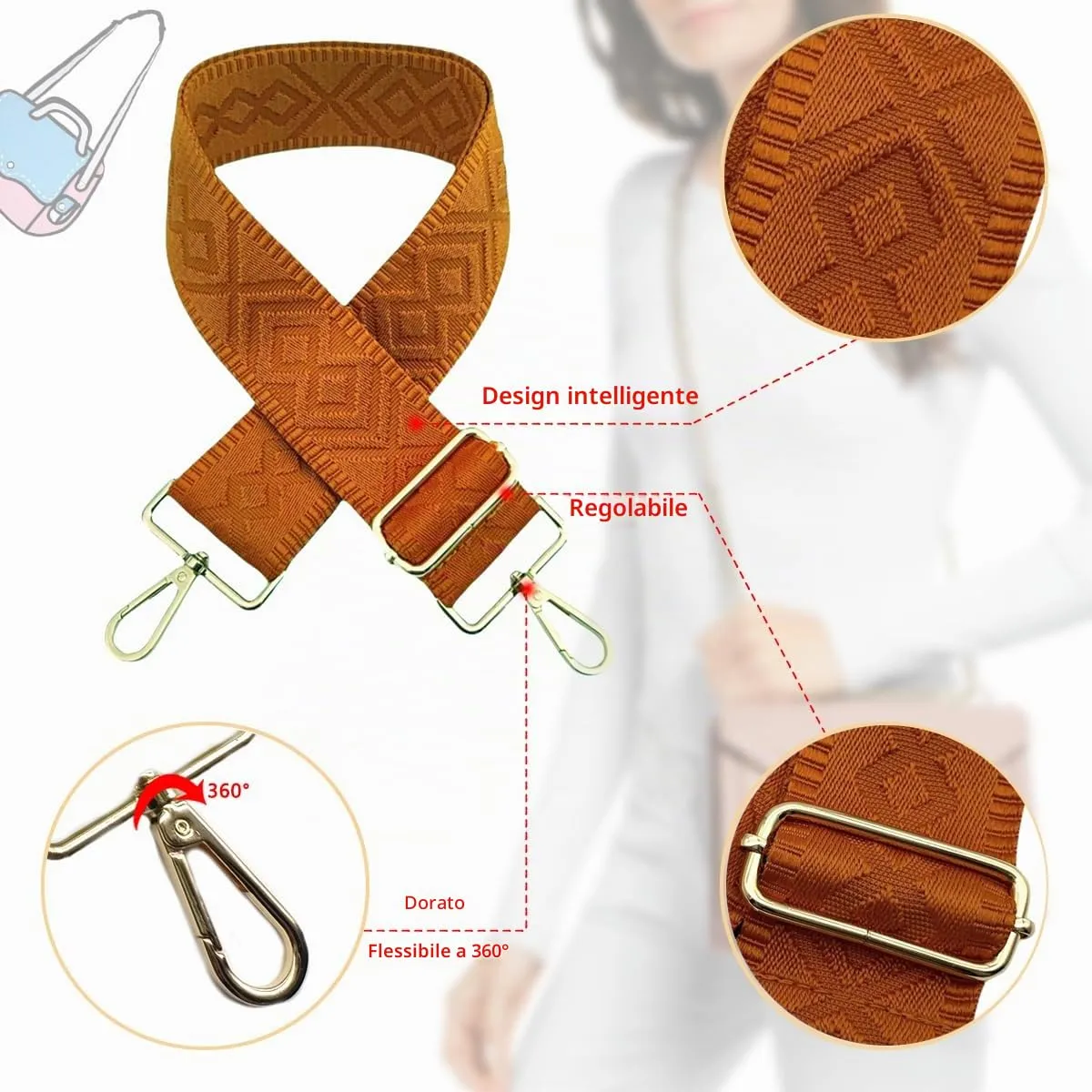 Cinghie Tracolla per Borsa Donna Larga, 5cm Tracolle per Borsa Regolabile con Fibbia Oro per Borsetta, Crossbody in Tela Accessori DIY (Arancione) 14 - immagine 3
