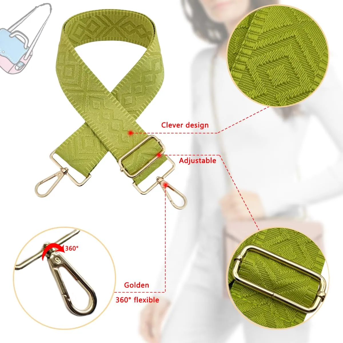Cinghie Tracolla per Borsa Donna Larga, 5cm Tracolle per Borsa Regolabile con Fibbia Oro per Borsetta, Crossbody in Tela Accessori DIY (Giallo Verde) 13 - immagine 3