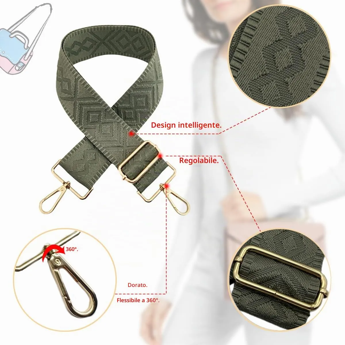 Cinghie Tracolla per Borsa Donna Larga, 5cm Tracolle per Borsa Regolabile con Fibbia Oro per Borsetta, Crossbody in Tela Accessori DIY (Verde Militare Chiaro) 19 - immagine 3