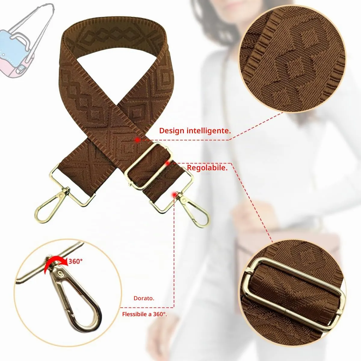 Cinghie Tracolla per Borsa Donna Larga, 5cm Tracolle per Borsa Regolabile con Fibbia Oro per Borsetta, Crossbody in Tela Accessori DIY (Marrone) 2 - immagine 3