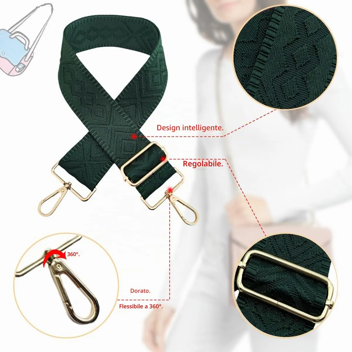 Cinghie Tracolla per Borsa Donna Larga, 5cm Tracolle per Borsa Regolabile con Fibbia Oro per Borsetta, Crossbody in Tela Accessori DIY (Verde Scuro) 7 - immagine 3