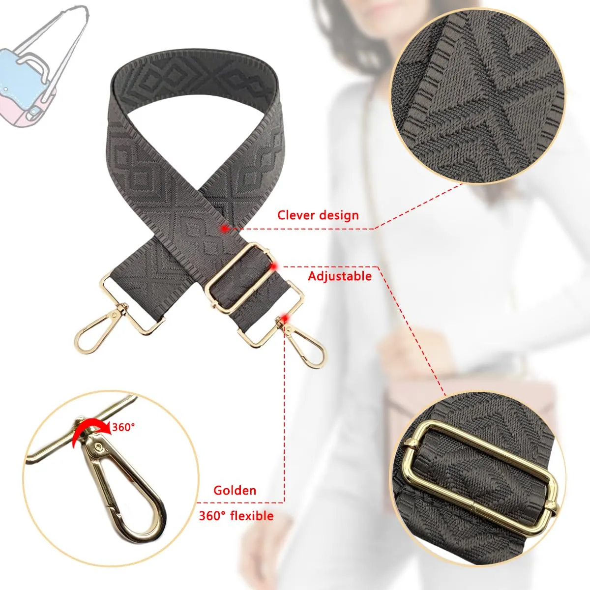 Cinghie Tracolla per Borsa Donna Larga, 5cm Tracolle per Borsa Regolabile con Fibbia Oro per Borsetta, Crossbody in Tela Accessori DIY (Grigio Scuro) 8 - immagine 3