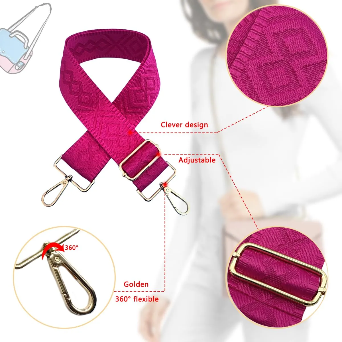Cinghie Tracolla per Borsa Donna Larga, 5cm Tracolle per Borsa Regolabile con Fibbia Oro per Borsetta, Crossbody in Tela Accessori DIY (Rosa Pura) 6 - immagine 3