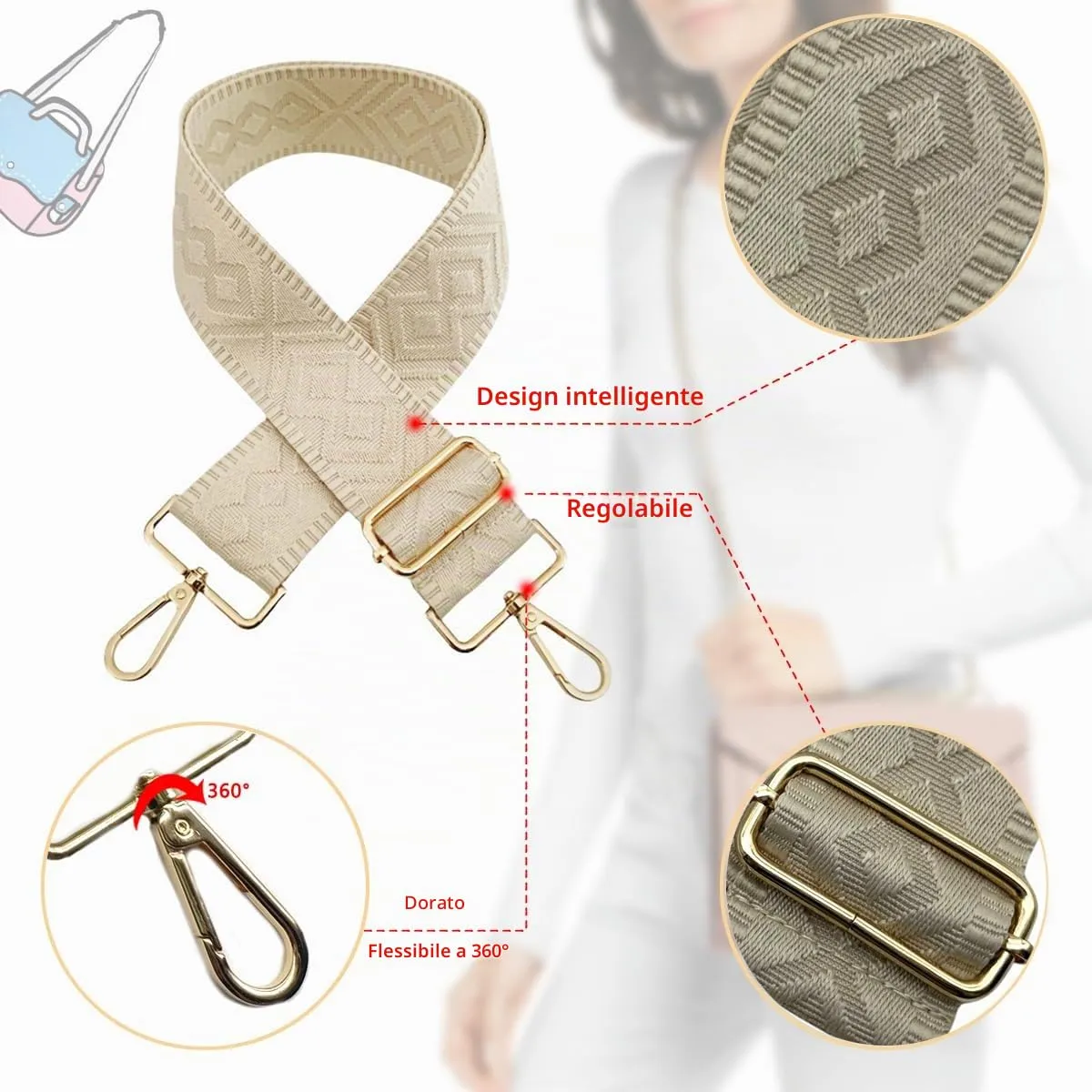 Cinghie Tracolla per Borsa Donna Larga, 5cm Tracolle per Borsa Regolabile con Fibbia Oro per Borsetta, Crossbody in Tela Accessori DIY (Albicocca) 12 - immagine 3