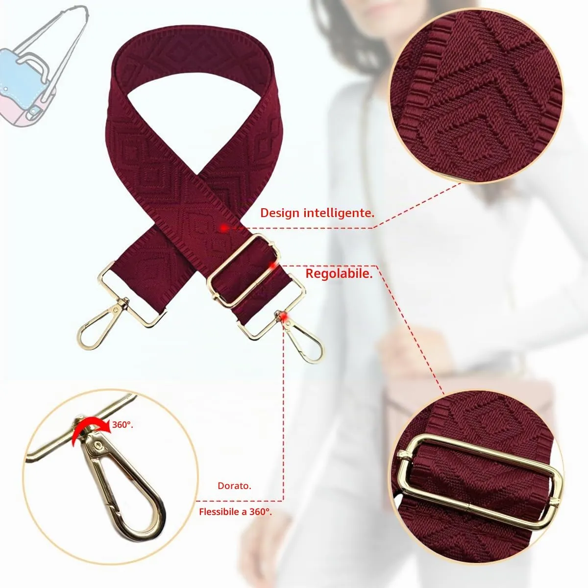 Cinghie Tracolla per Borsa Donna Larga, 5cm Tracolle per Borsa Regolabile con Fibbia Oro per Borsetta, Crossbody in Tela Accessori DIY (Vino Rosso) 16 - immagine 3