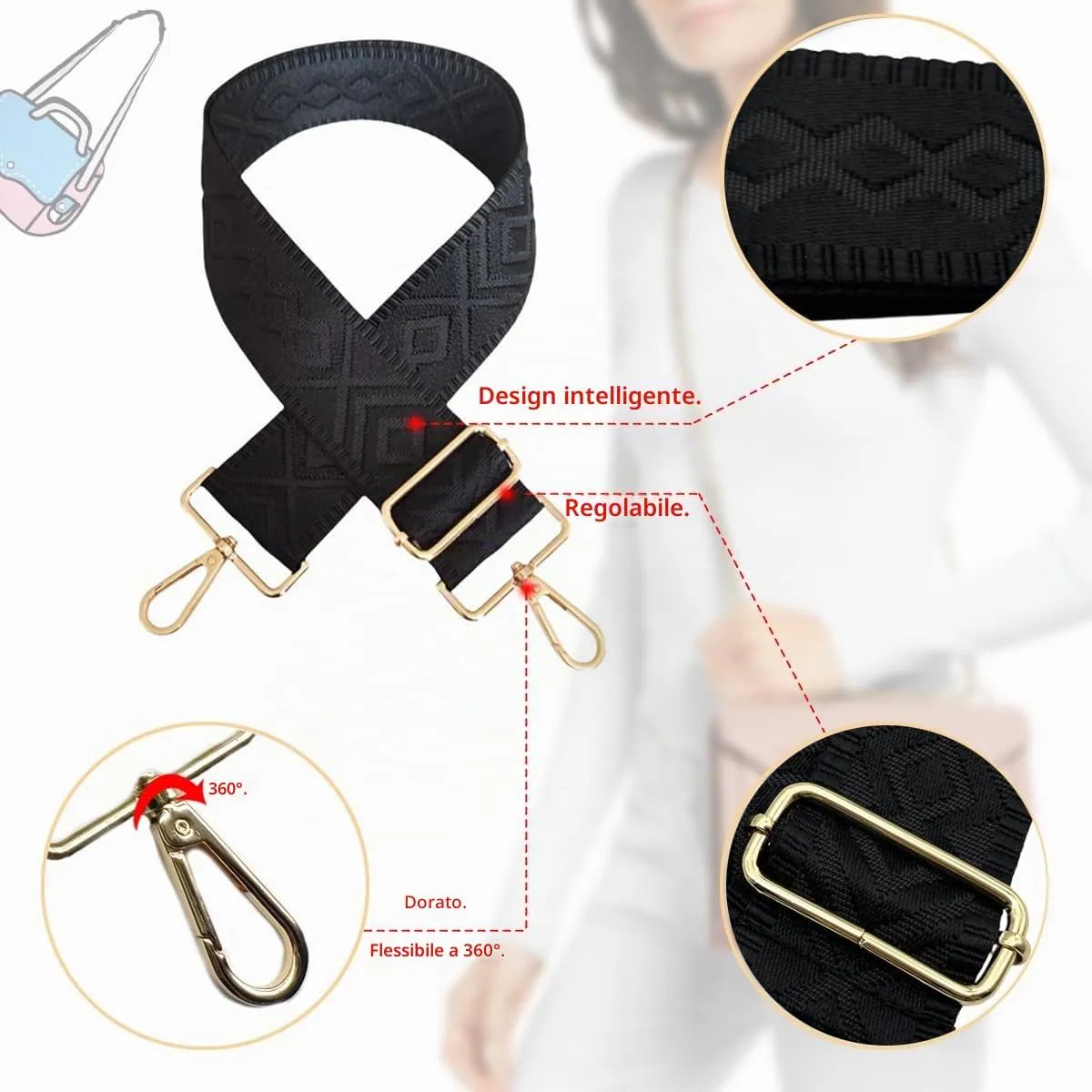Cinghie Tracolla per Borsa Donna Larga, 5cm Tracolle per Borsa Regolabile con Fibbia Oro per Borsetta, Crossbody in Tela Accessori DIY (Nero) 1 - immagine 3