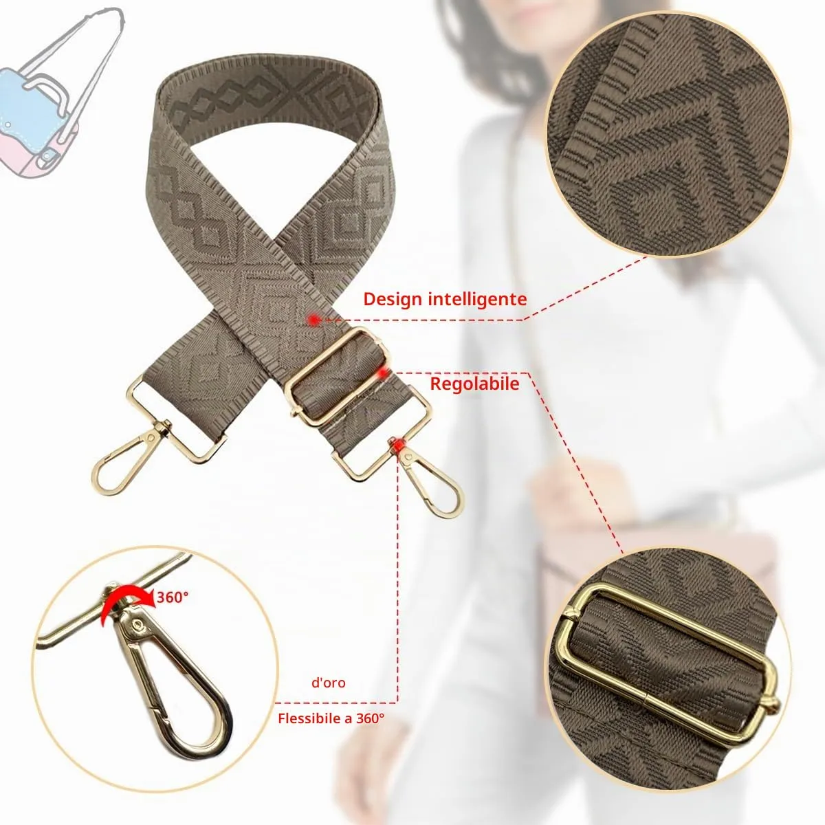 Cinghie Tracolla per Borsa Donna Larga, 5cm Tracolle per Borsa Regolabile con Fibbia Oro per Borsetta, Crossbody in Tela Accessori DIY (Cachi) 18 - immagine 3