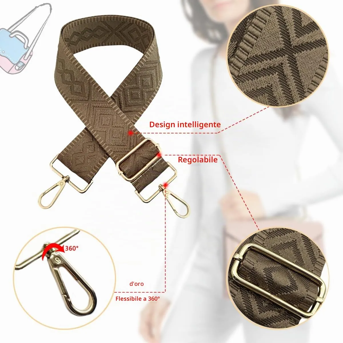 Cinghie Tracolla per Borsa Donna Larga, 5cm Tracolle per Borsa Regolabile con Fibbia Oro per Borsetta, Crossbody in Tela Accessori DIY (Cammello) 9 - immagine 3