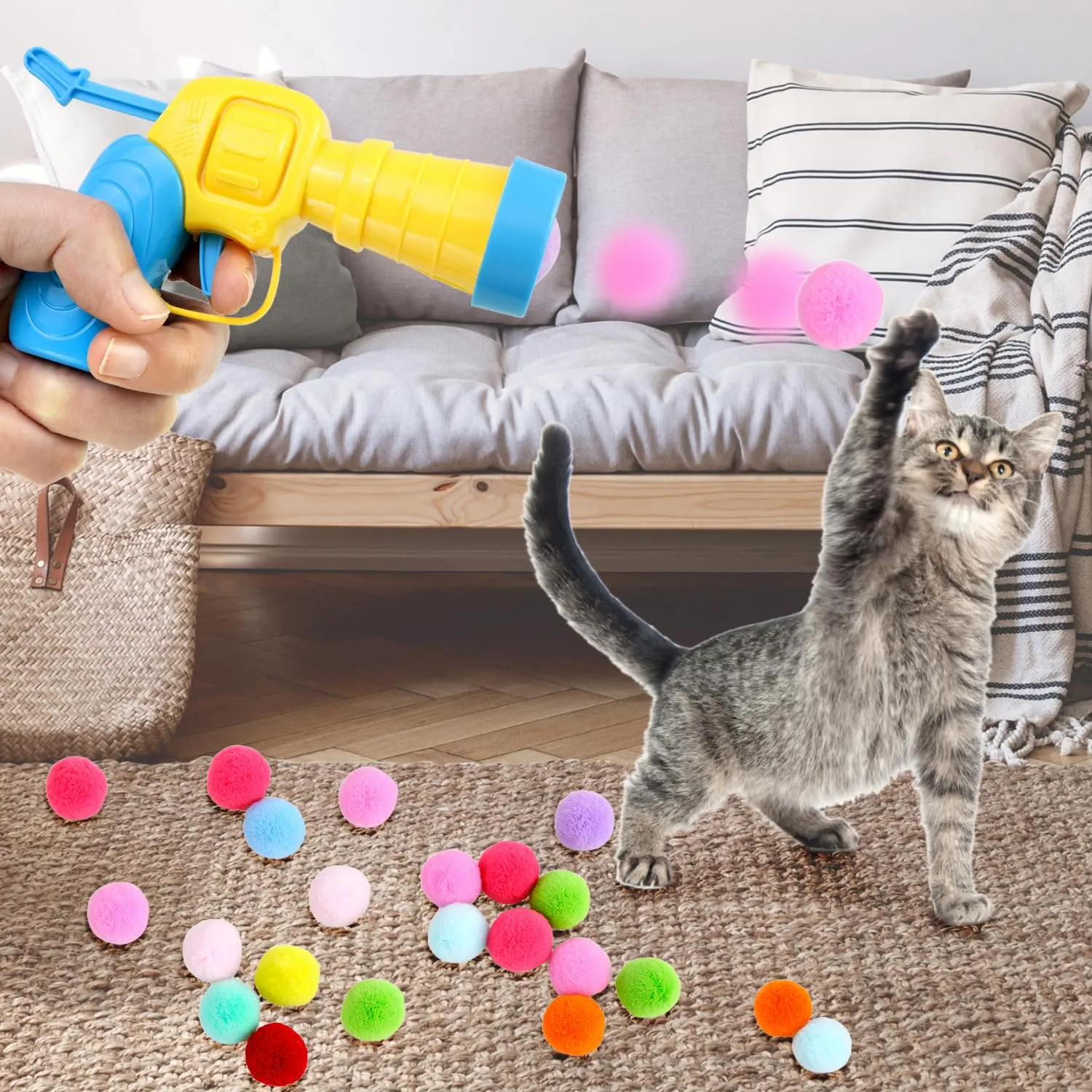 QWORK® Giocattoli interattivo per gatti, lancia palline per gatti con 100 pompon colorati, per addestramento indoor e monitoraggio dei gatti - immagine 2